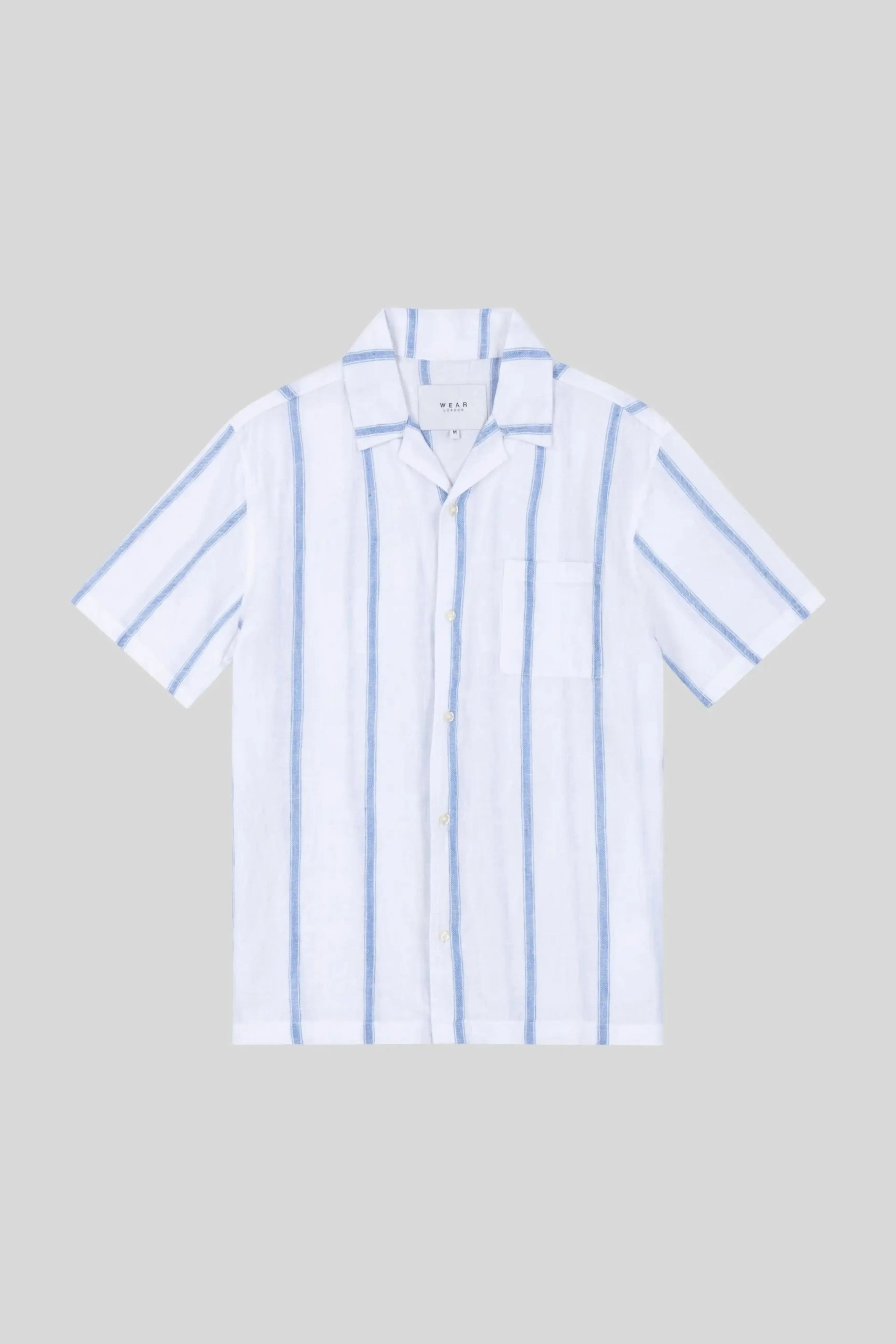 Ashton - Linen Short Sleeve Shirt- White Mid Blue - Wear London