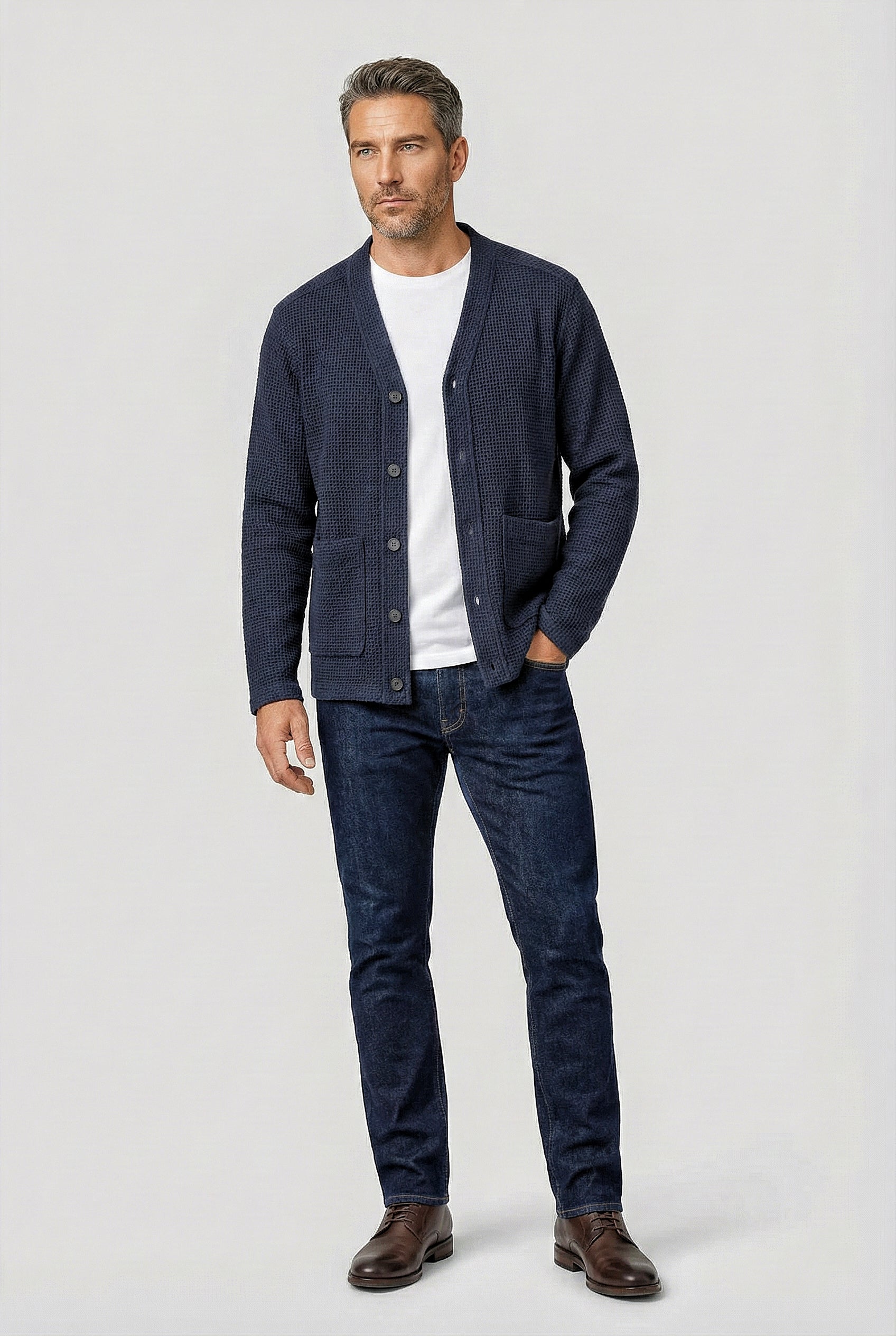 Fleming V-Neck Shacket - Navy Textured - Wear London