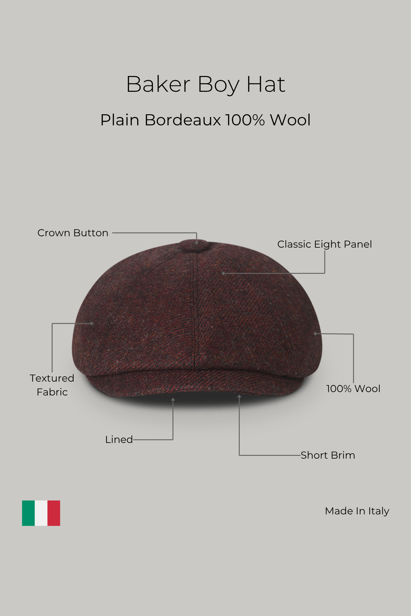 Baker Boy Hat - Plain Bordeaux 100% Wool - Wear London