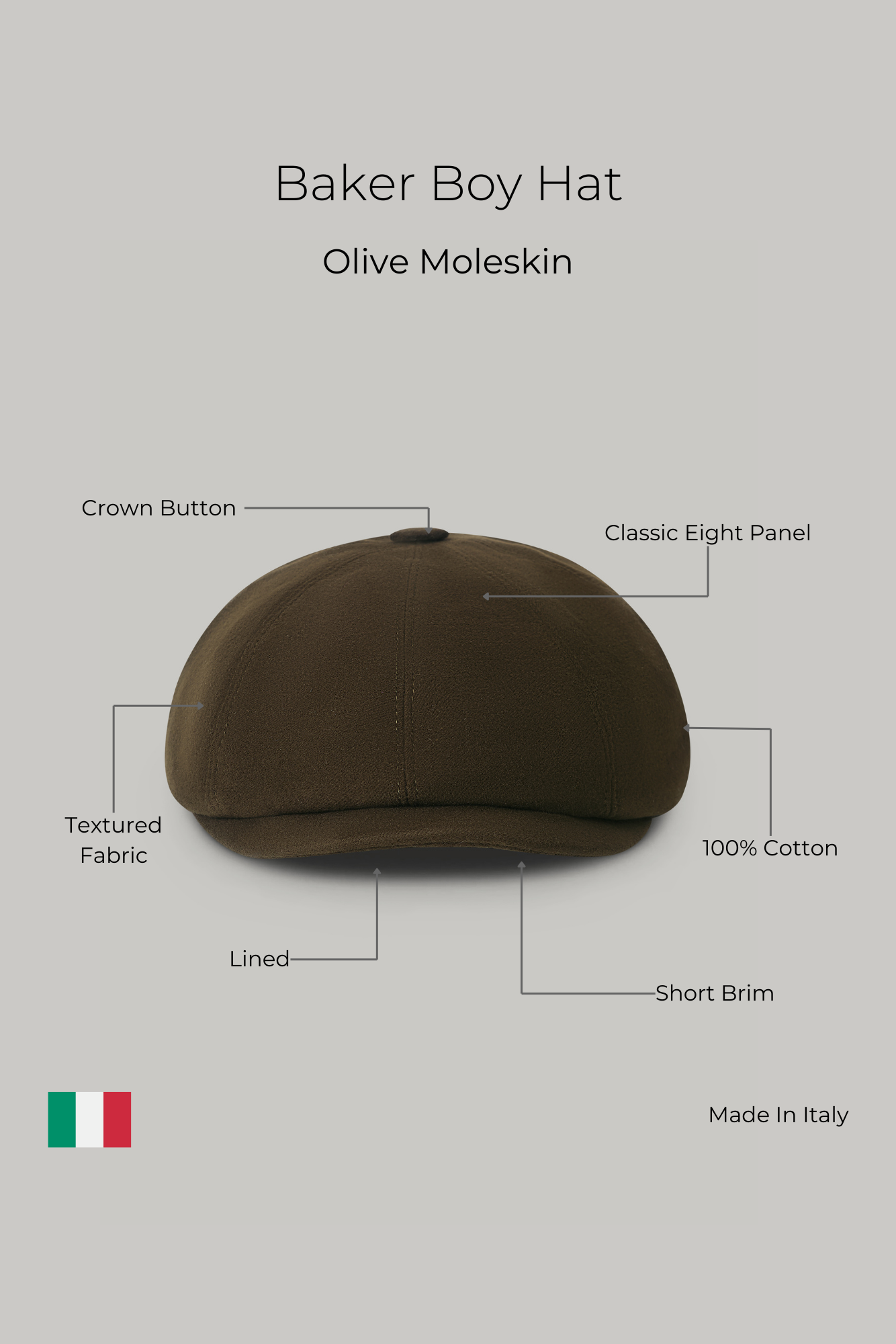 Baker Boy Hat - Olive Moleskin - Wear London