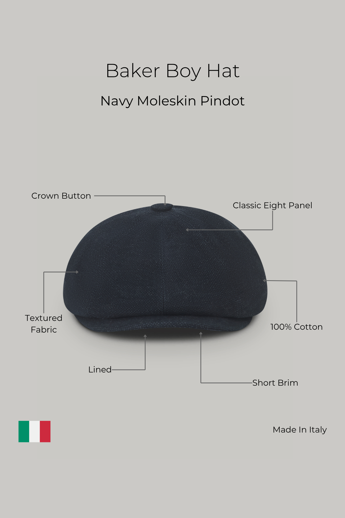 Baker Boy Hat - Navy Moleskin Pindot - Wear London