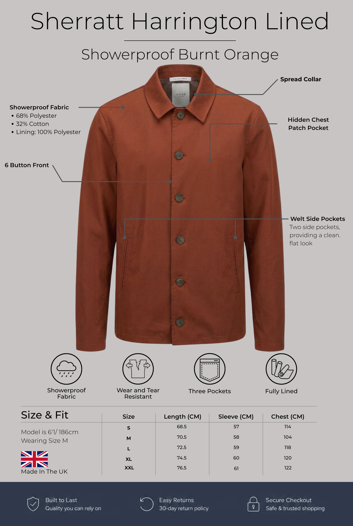 Sherratt Harrington Lined - Showerproof Burnt Orange - Wear London