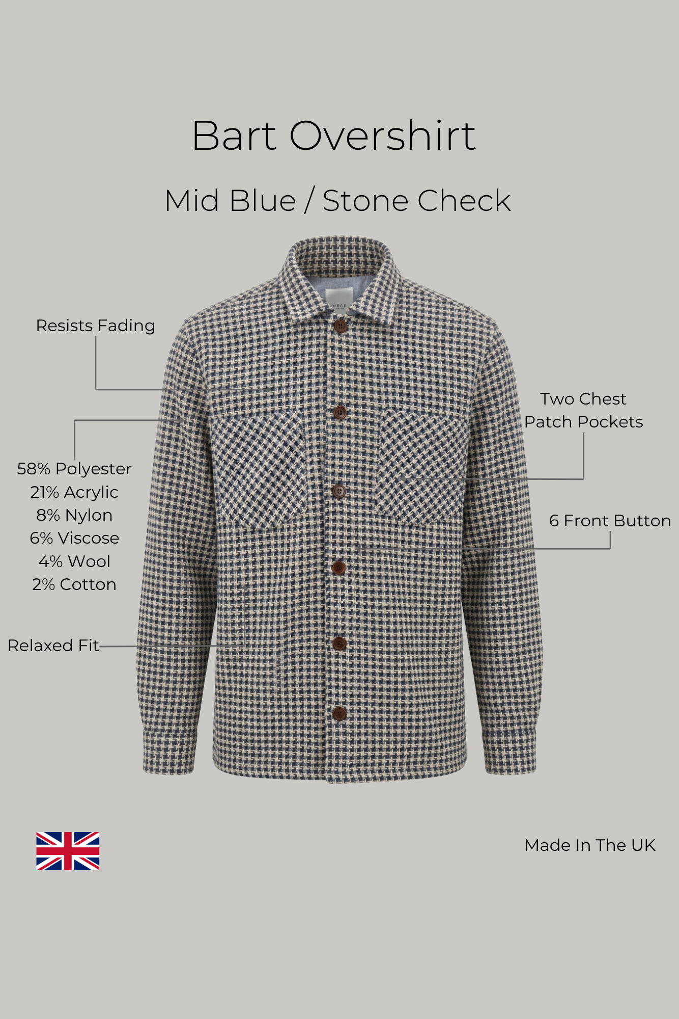 Bart Overshirt - Mid Blue / Stone Check - Wear London