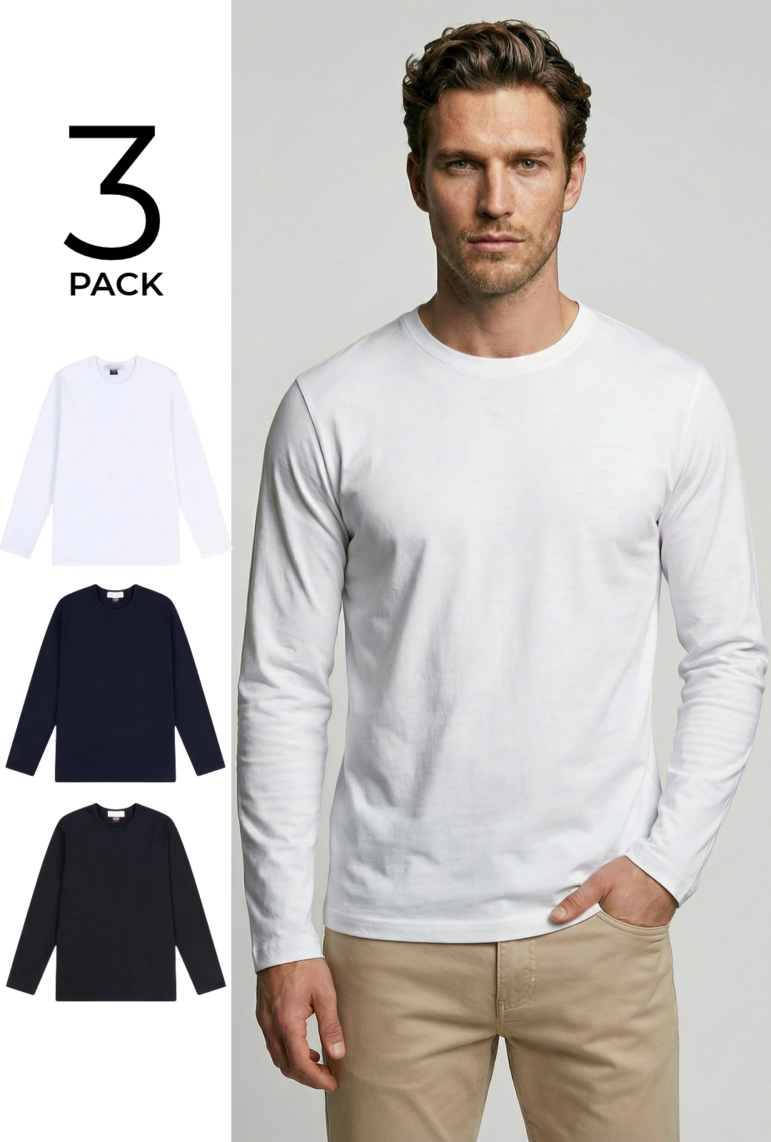 Bevis Long Sleeve Cotton T-Shirt - 3 Pack - Wear London
