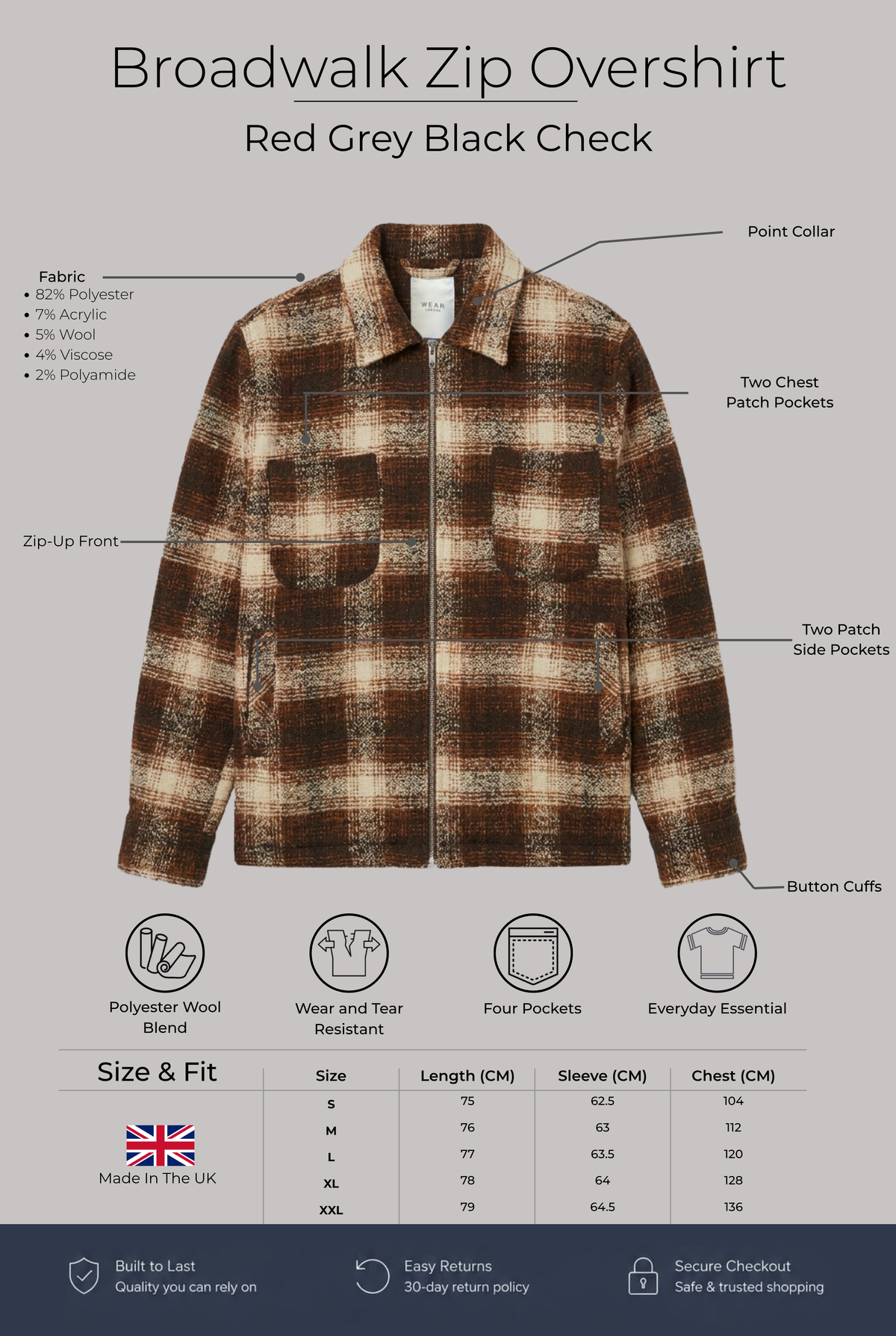 Broadwalk Zip Overshirt - Red Grey Black Check - Wear London