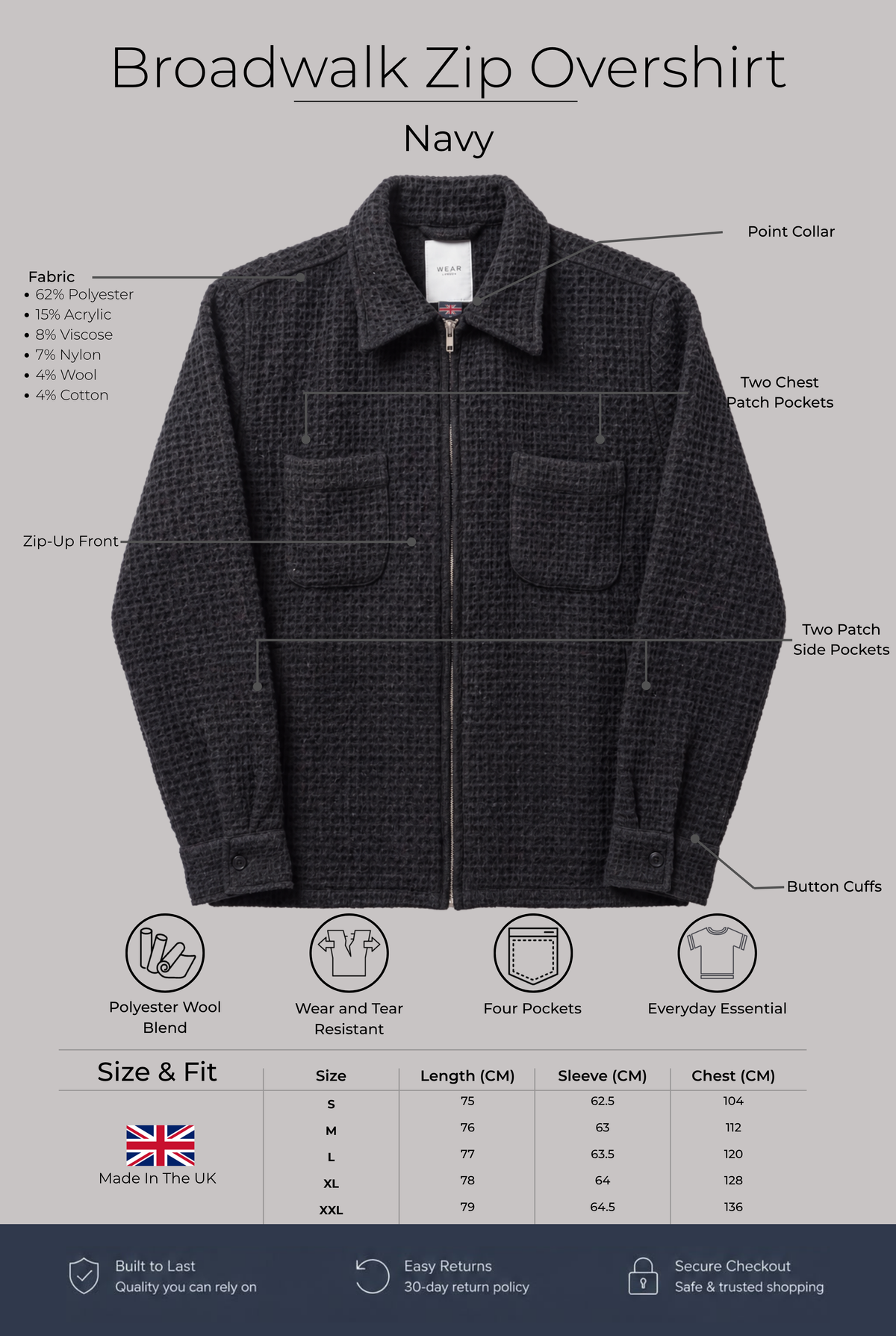 Broadwalk Zip Overshirt - Navy - Wear London