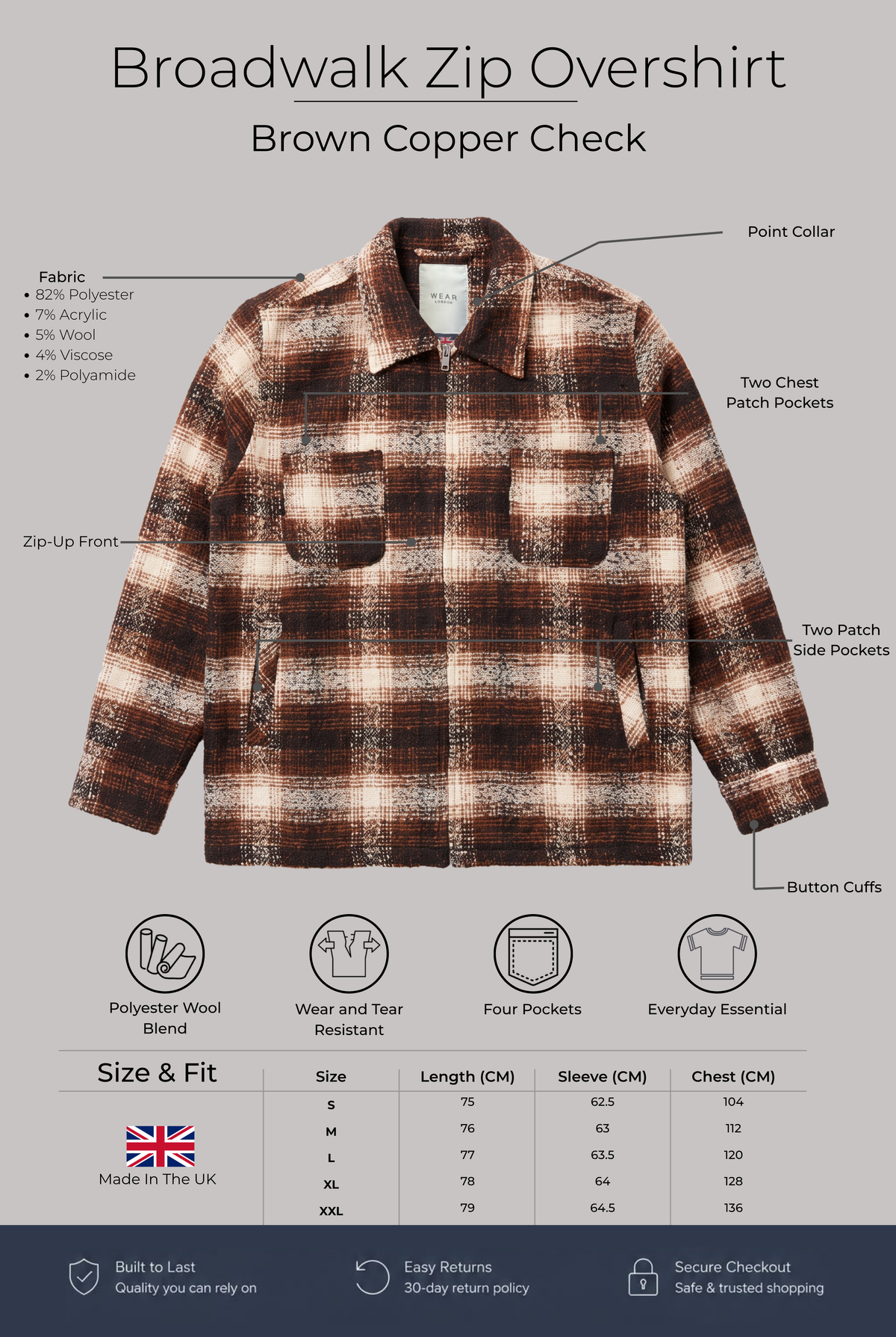 Broadwalk Zip Overshirt - Brown Copper Check - Wear London
