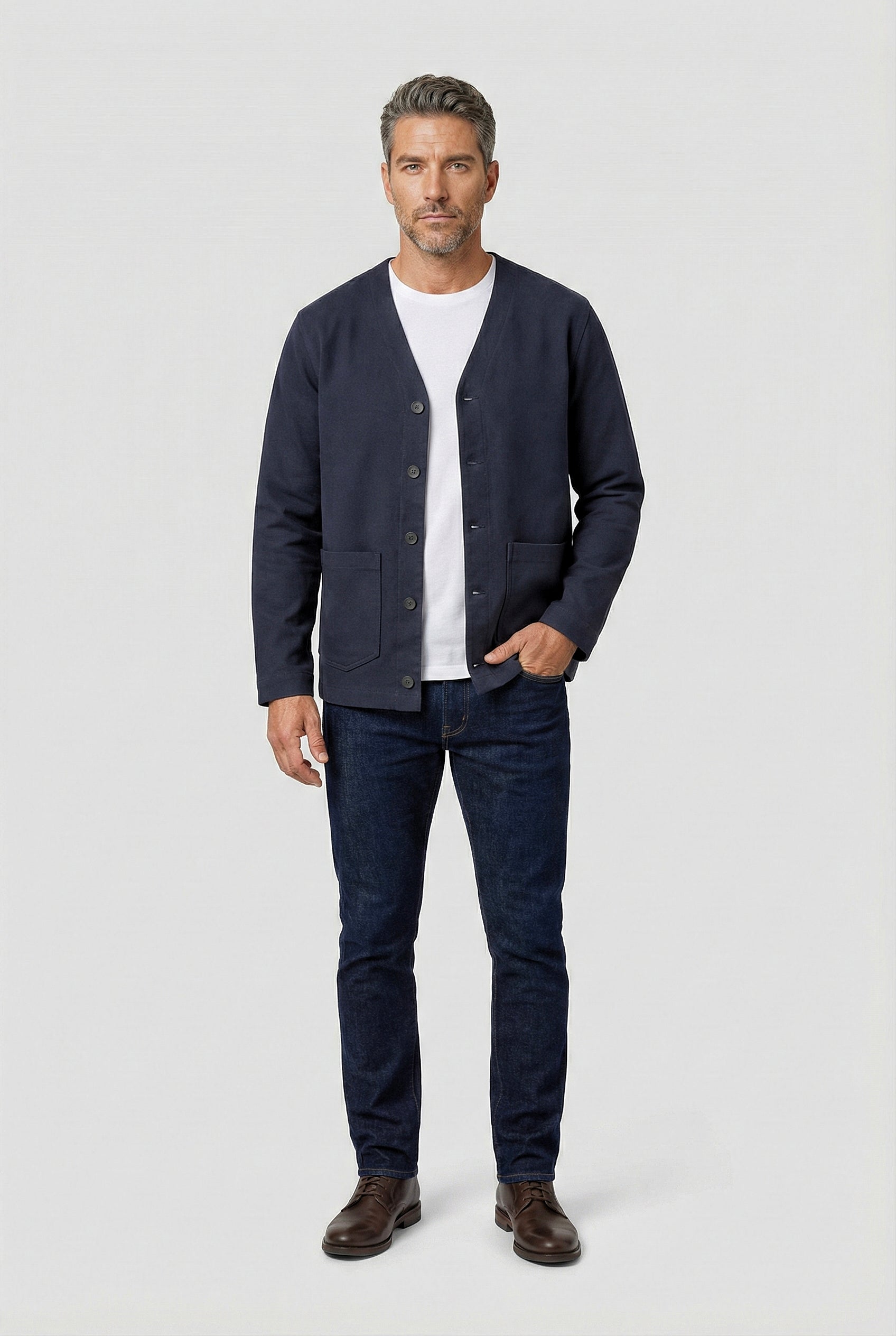 Fleming V-Neck Shacket - Navy Moleskin - Wear London