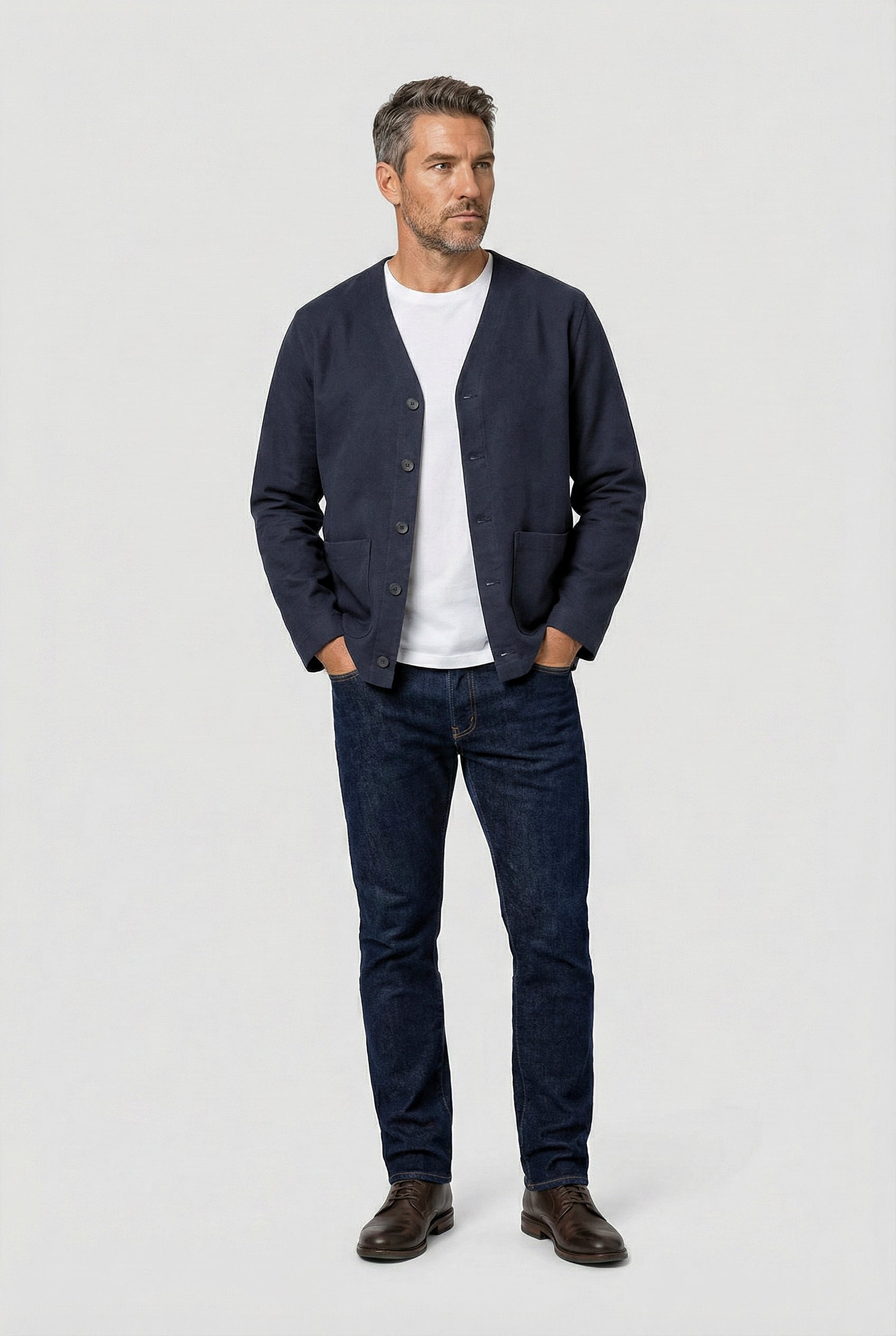 Fleming V-Neck Shacket - Navy Moleskin - Wear London
