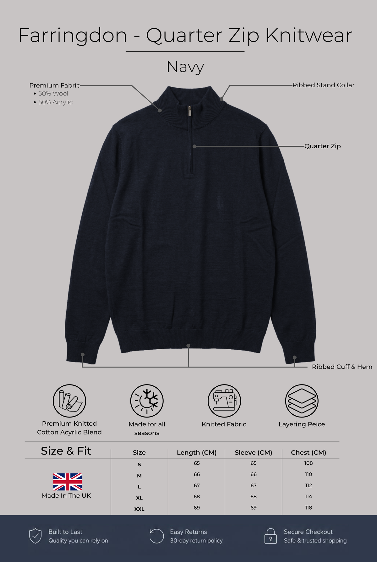 Farringdon - Quarter Zip Knitwear - Navy - Wear London