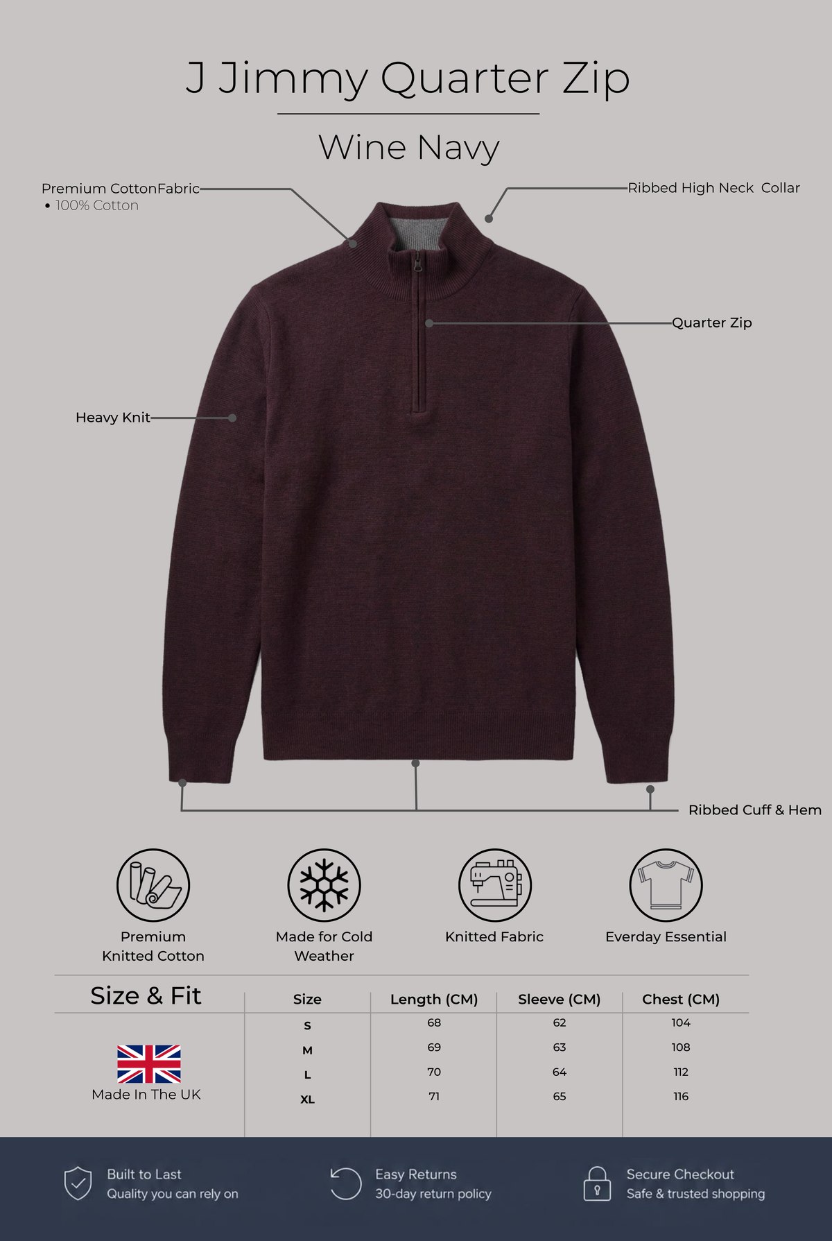 Jimmy Quarter Zip - Wine Navy - Wear London