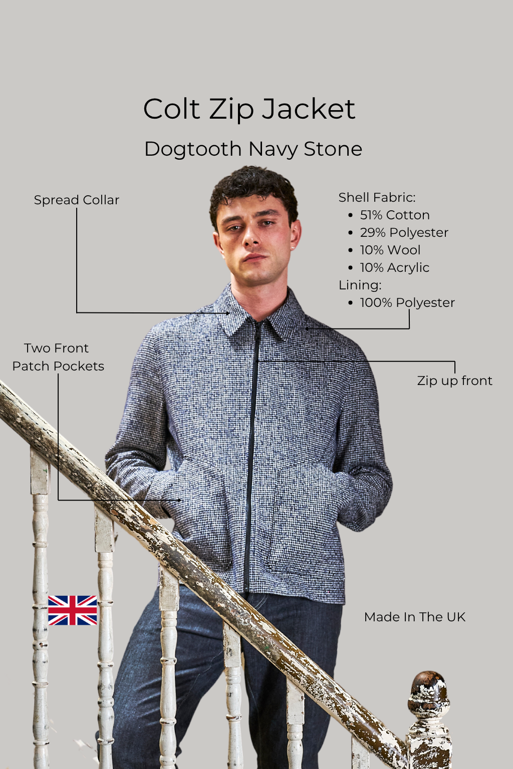 Colts Zip Shacket - Dogtooth Navy Stone - Wear London