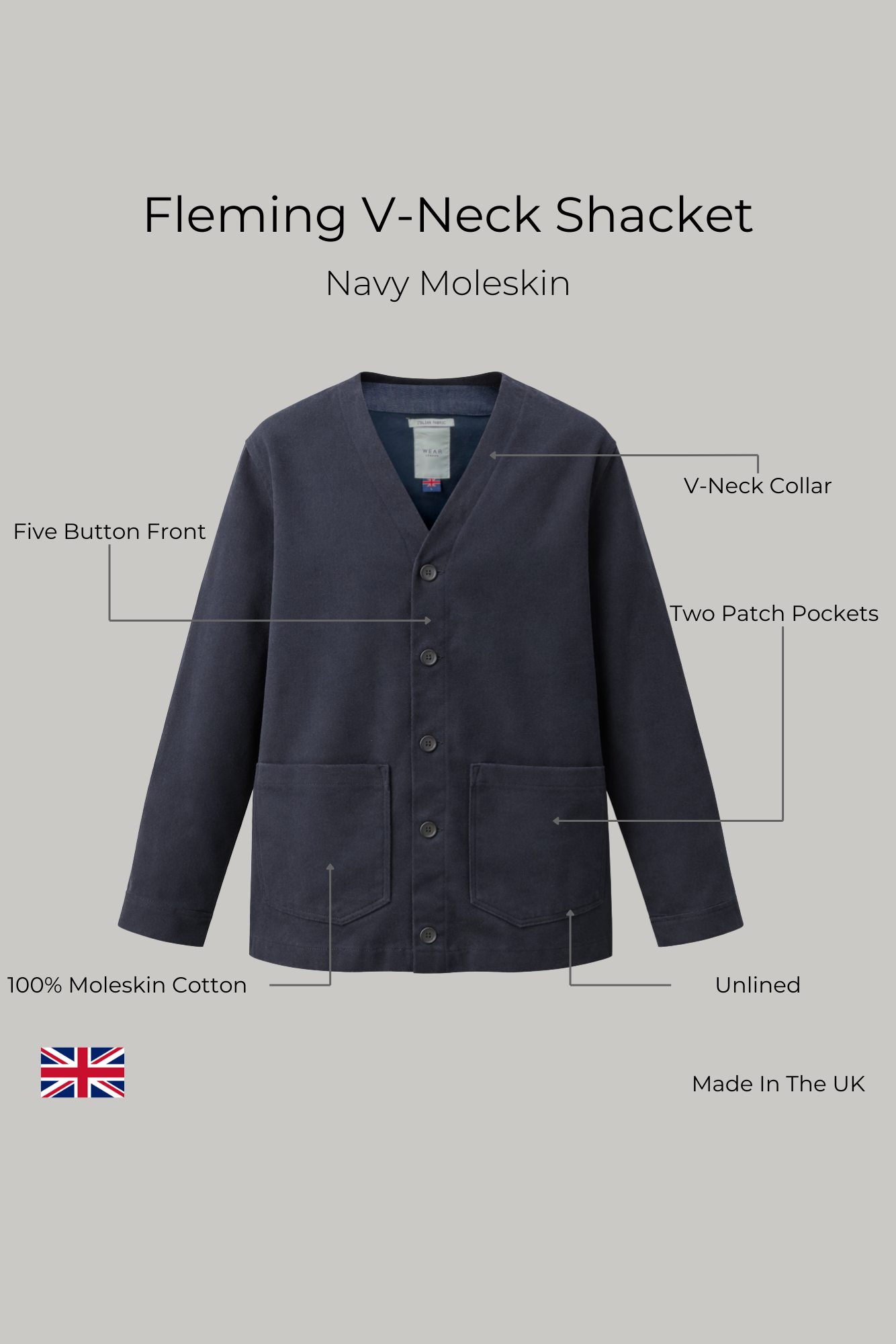 Fleming V-Neck Shacket - Navy Moleskin - Wear London