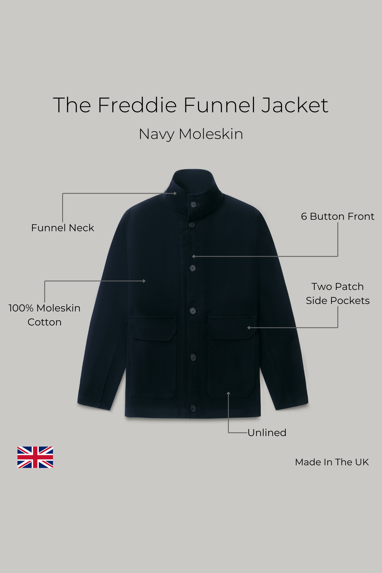 Luxury Moleskin Jacket - The Freddie Funnel Jacket - Navy Moleskin Luxury Moleskin Jacket - The Freddie Funnel Jacket - Navy Moleskin