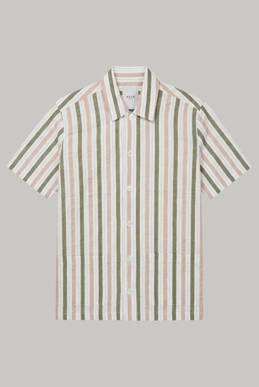 Bethnal Short Sleeve Shirt - Khaki Taupe Stripe Seersucker - Wear London