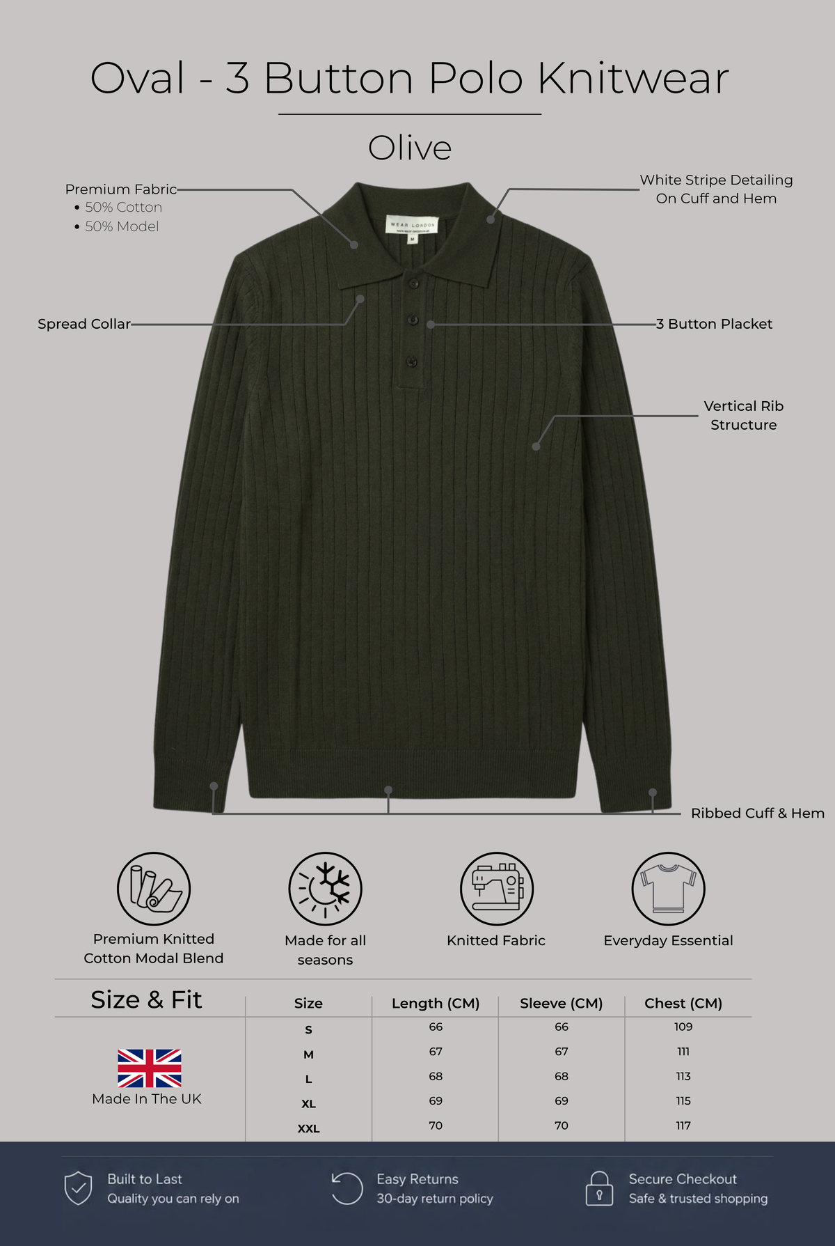 Oval - 3 Button Polo Knitwear - Olive - Wear London