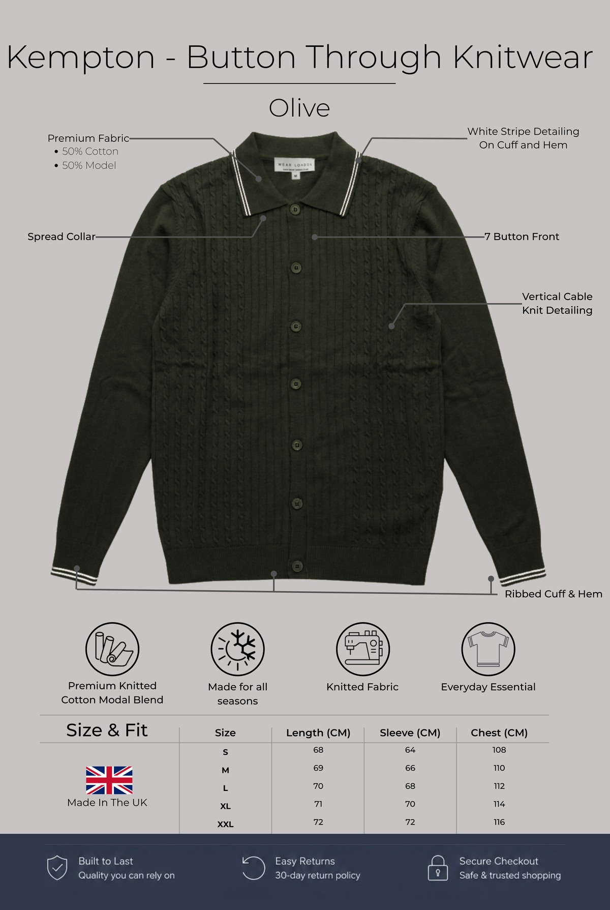 Kempton - Button Through Knitwear - Olive - Wear London