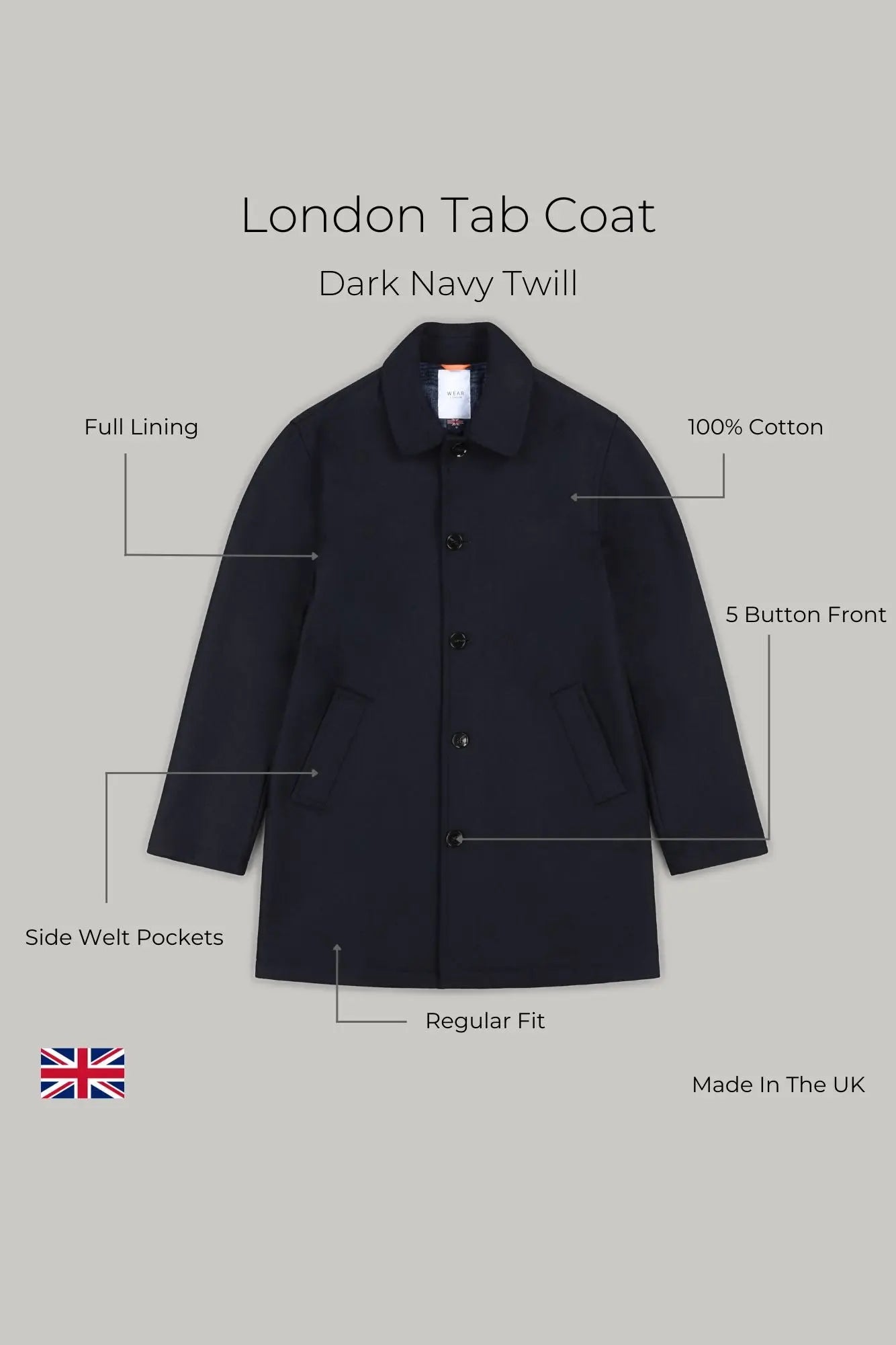 London Tab Lined Coat - Dark Navy Twill - Wear London