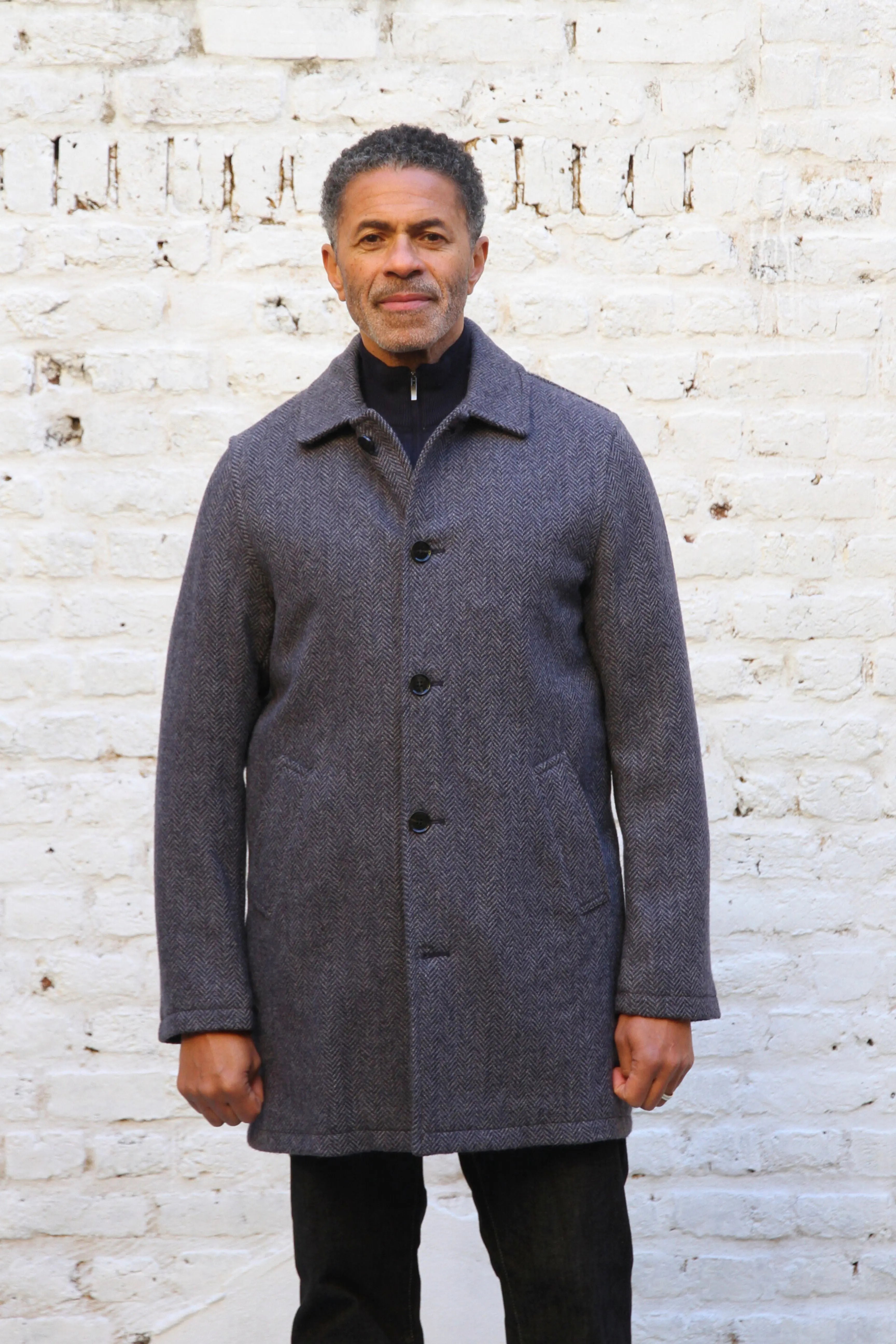 London Tab Lined Coat - Navy Grey Herringbone - Wear London