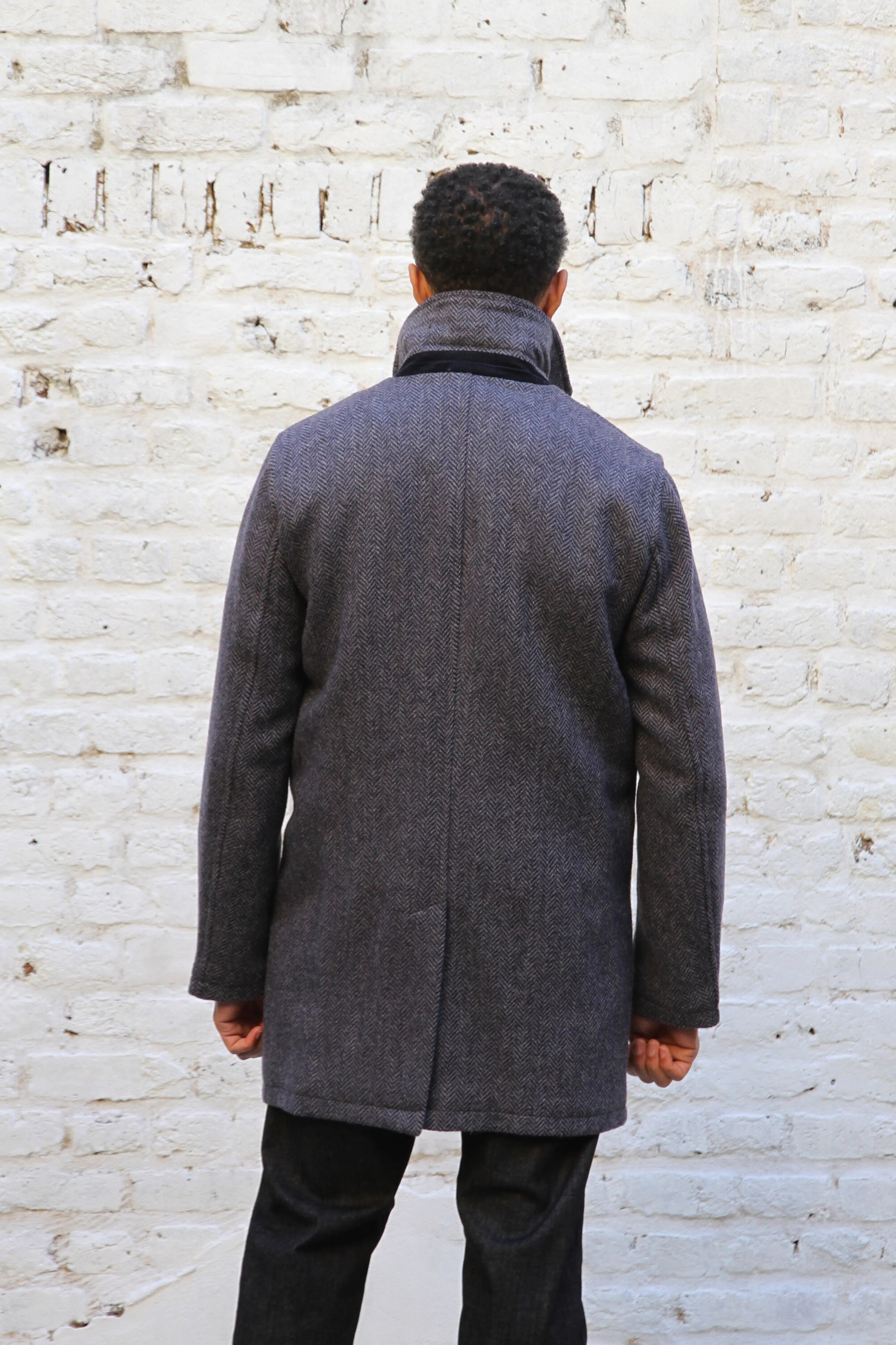 London Tab Lined Coat - Navy Grey Herringbone - Wear London