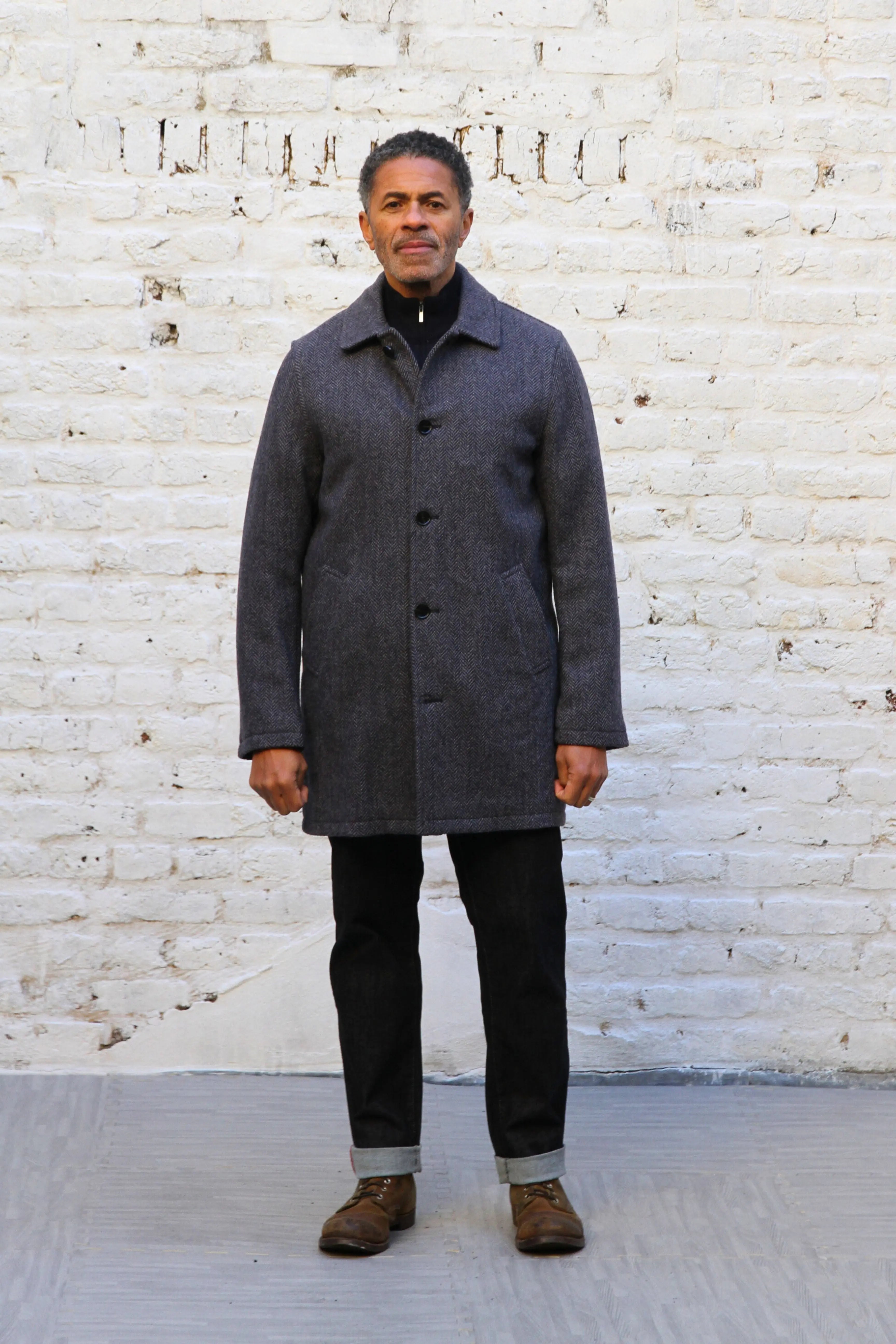 London Tab Lined Coat - Navy Grey Herringbone - Wear London