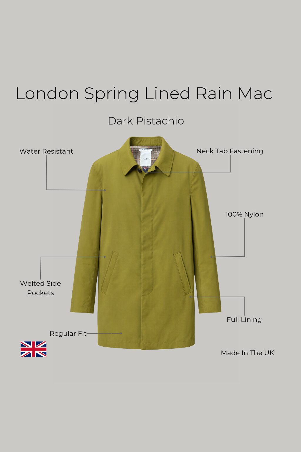 London Spring Lined Rain Mac - Dark Pistachio - Wear London