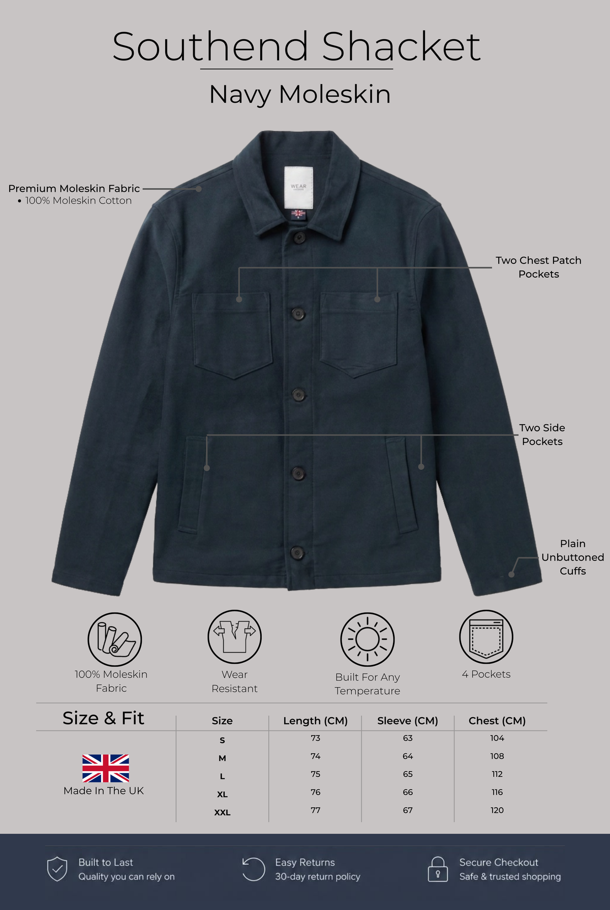 Southend Shacket Unlined - Navy Moleskin - Wear London
