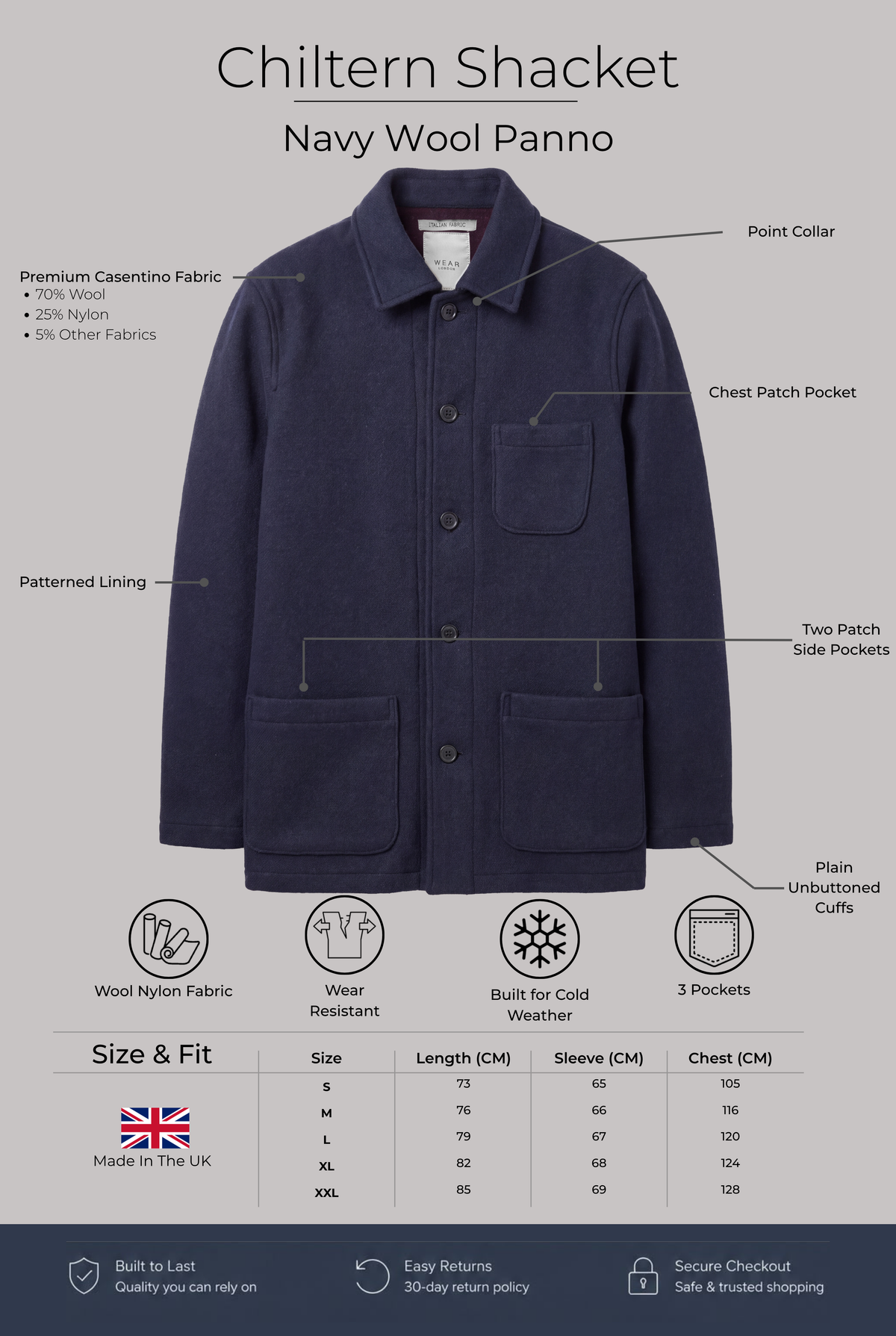 Chiltern Shacket - Navy Wool Panno - Wear London