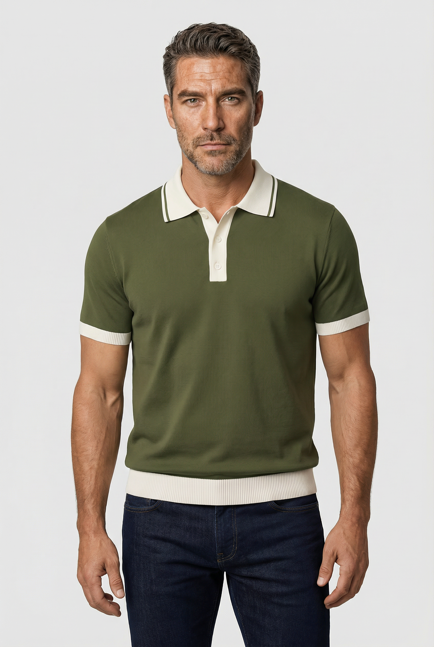 Camden - Plain Polo Knitwear -  Olive Ecru - Wear London