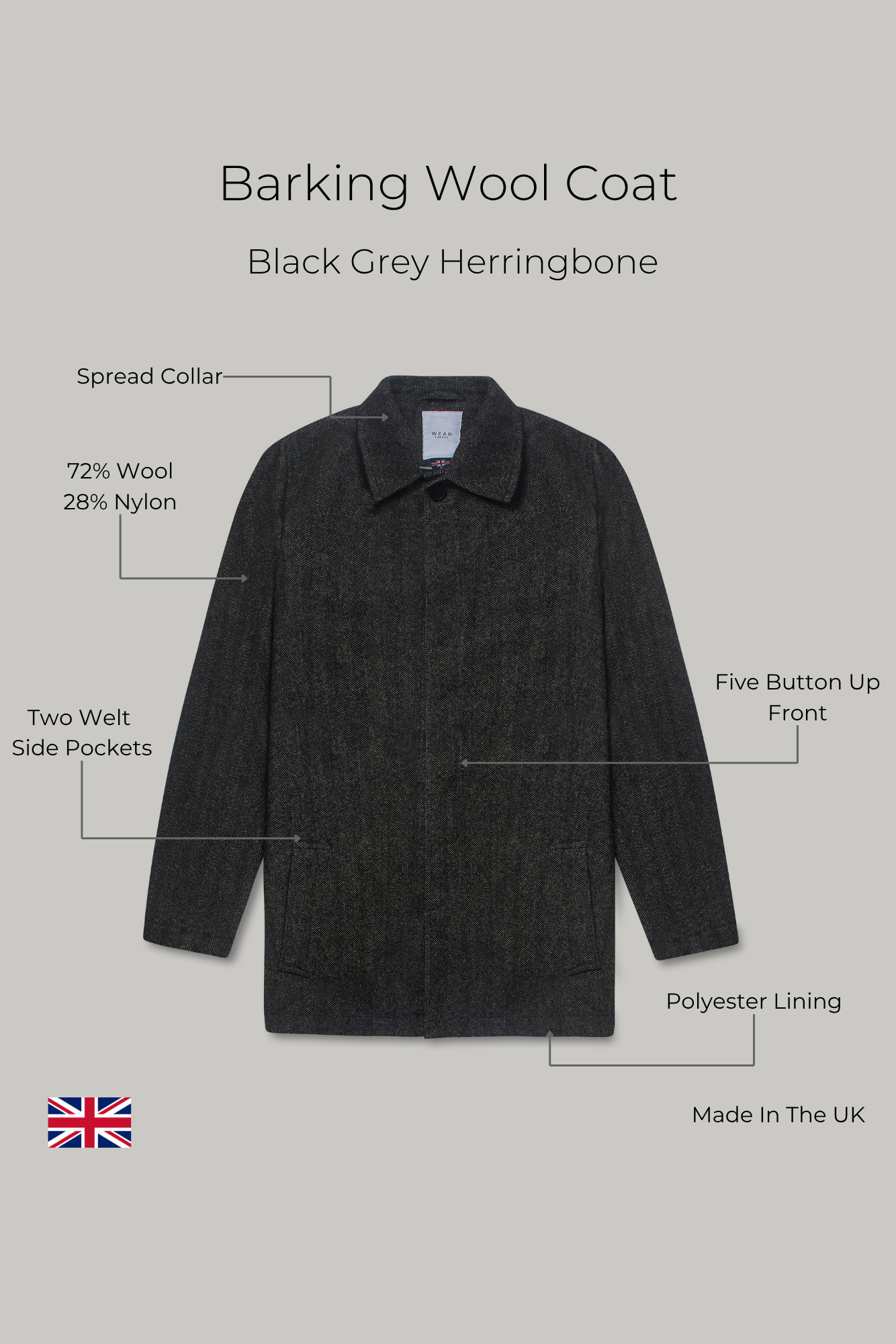 Barking Wool Coat - Black Grey Herringbone - Wear London