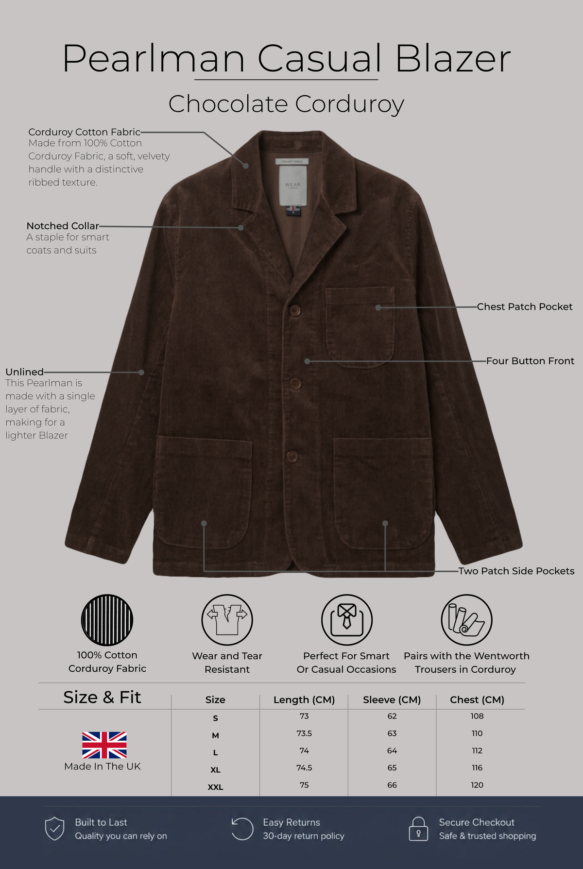 The Pearlman Casual Blazer - Chocolate Corduroy - Wear London