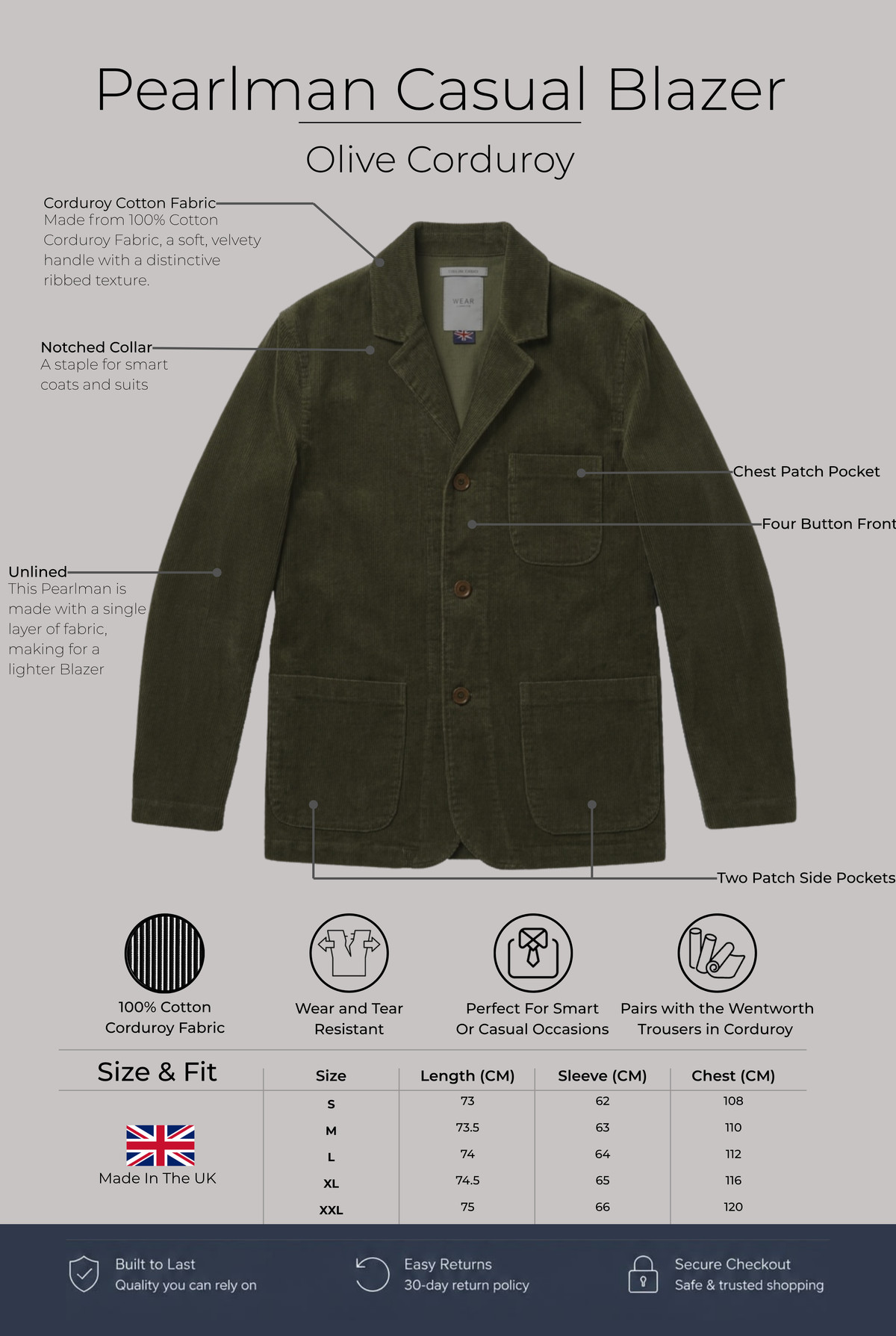 The Pearlman Casual Blazer - Olive Corduroy - Wear London