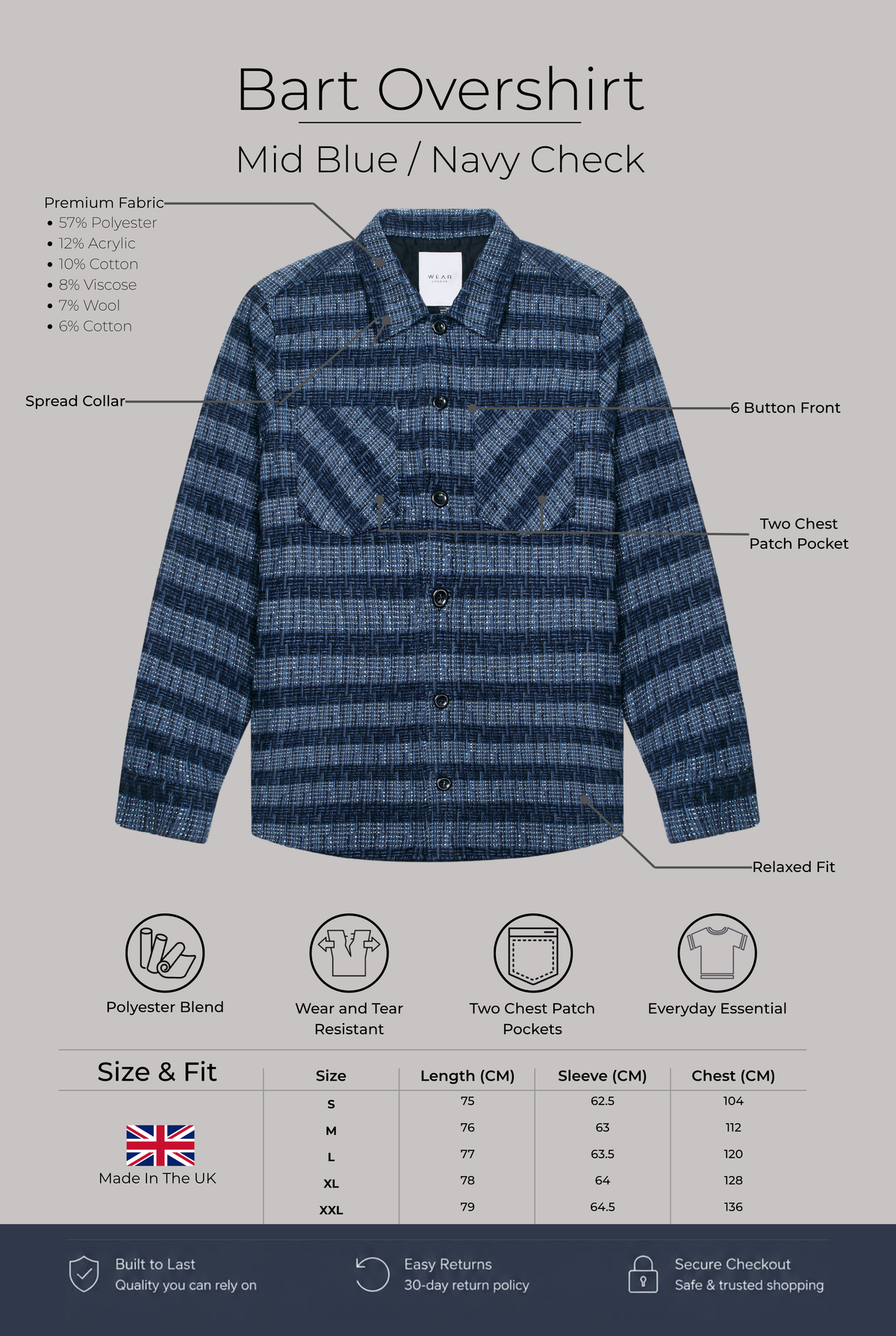 Bart Overshirt - Mid Blue / Navy Check - Wear London