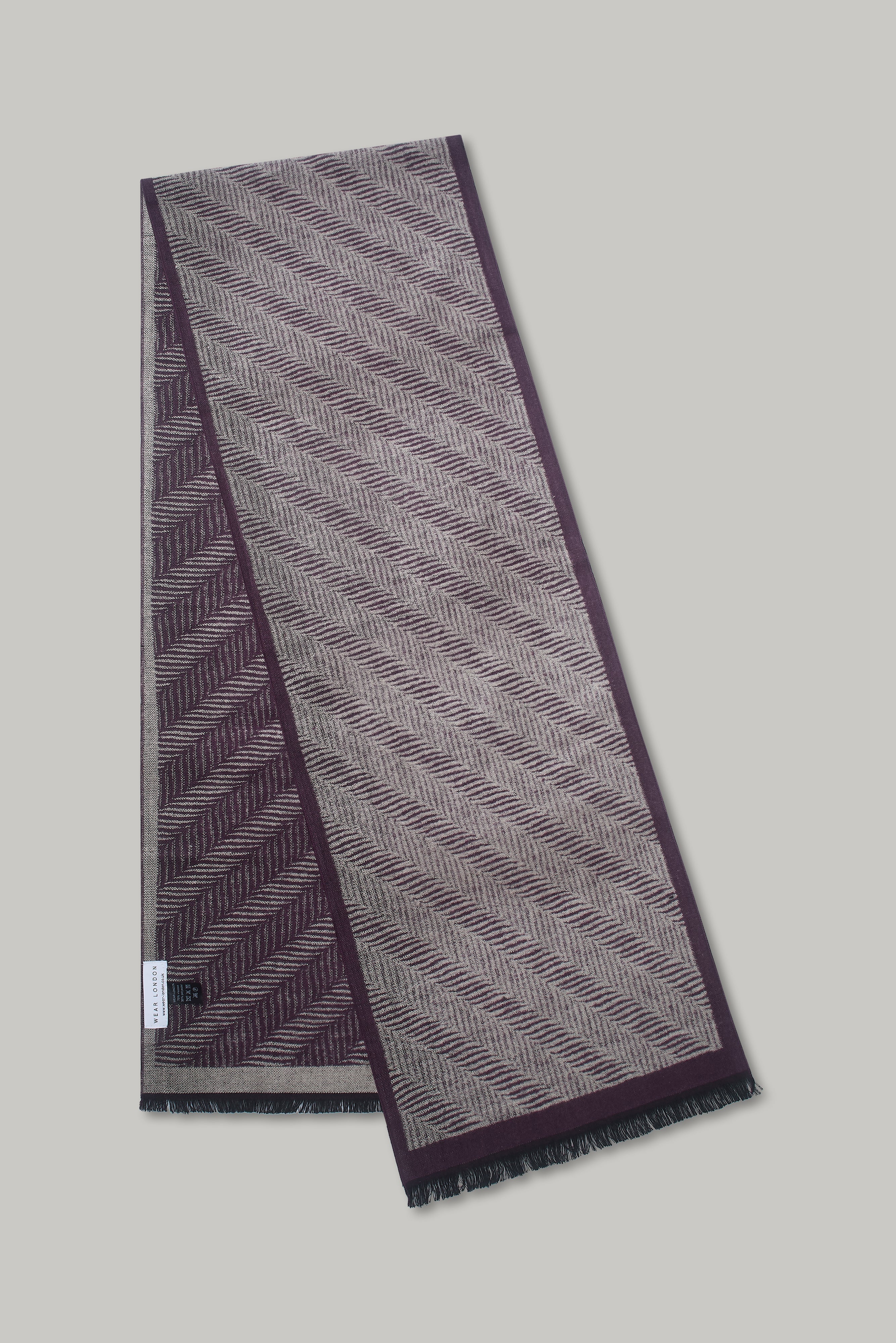 Scarf - H/bone Plain Border Burgundy - Wear London