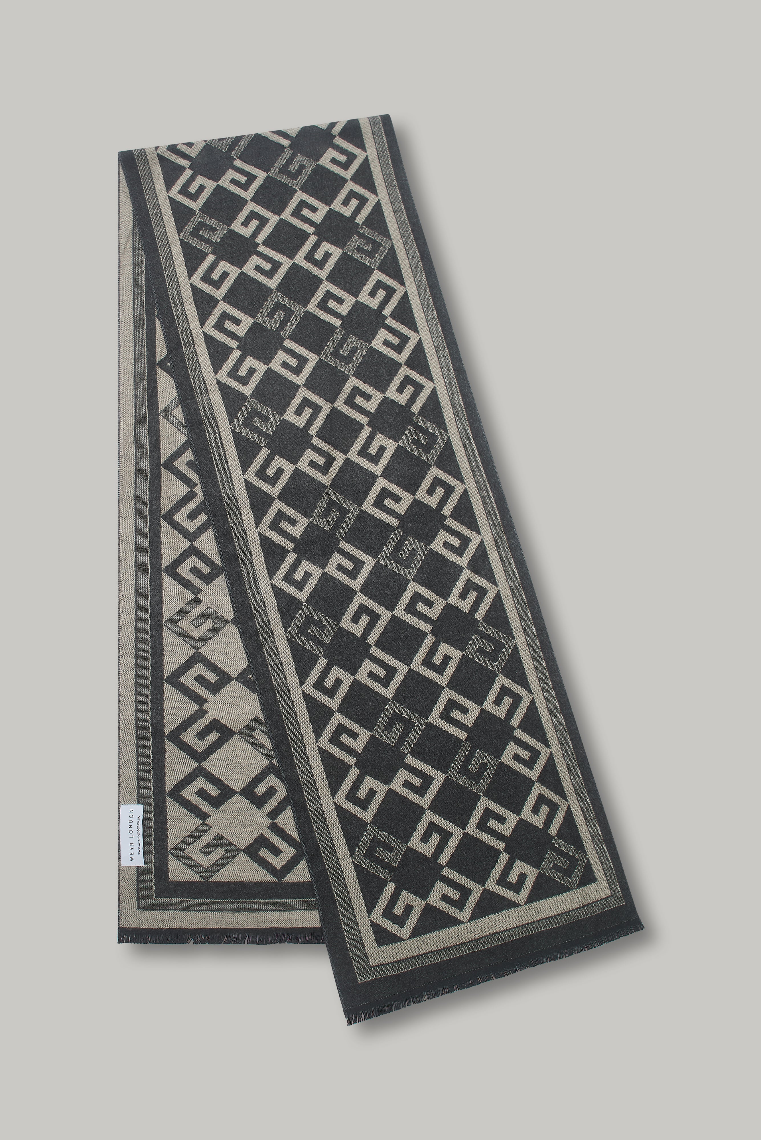 Scarf - Geo Stripe Border Charcoal Ecru - Wear London