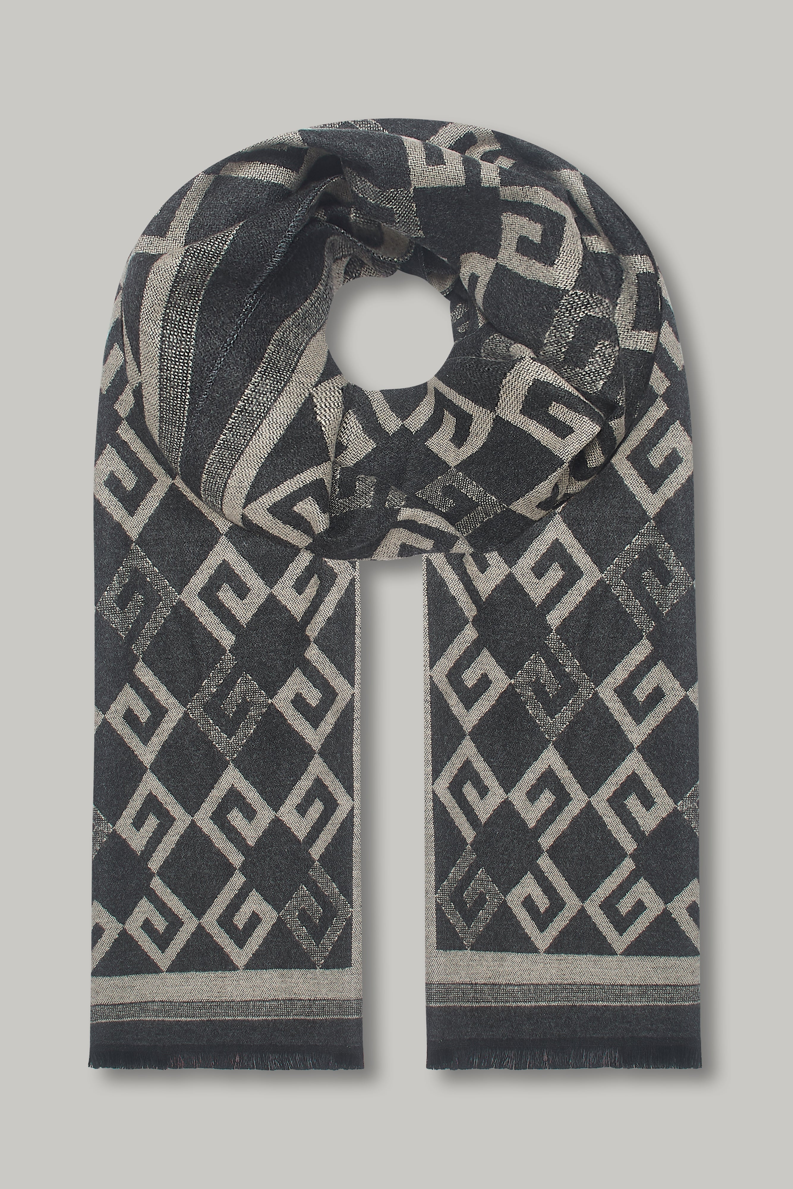 Scarf - Geo Stripe Border Charcoal Ecru - Wear London