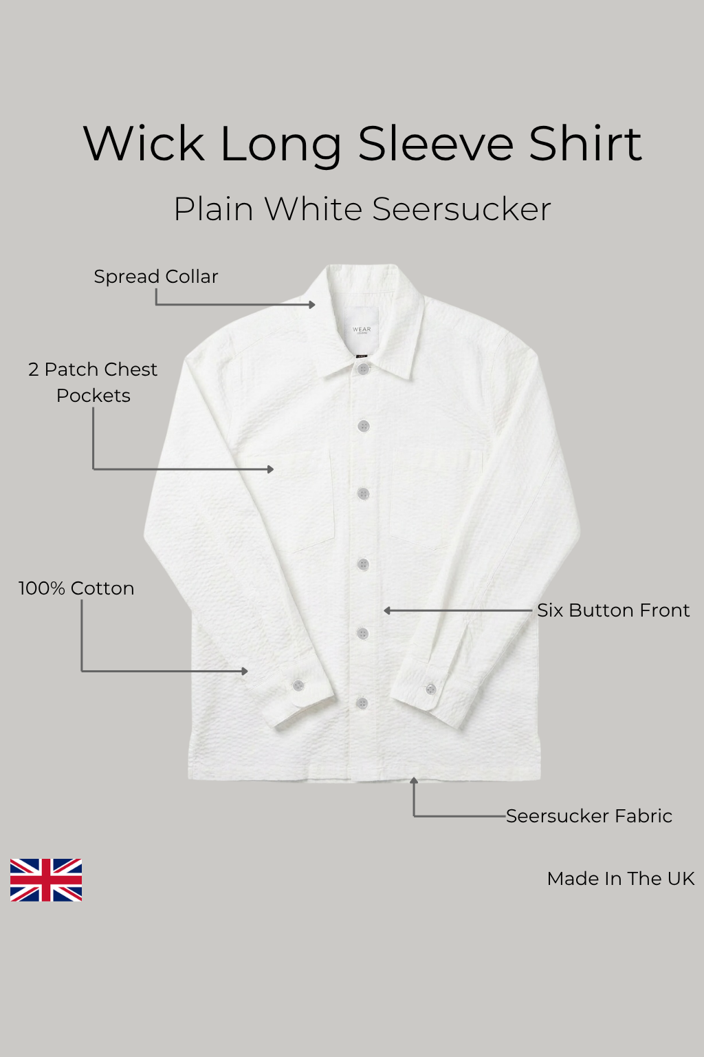 Wick Long Sleeve Shirt - Plain White Seersucker - Wear London