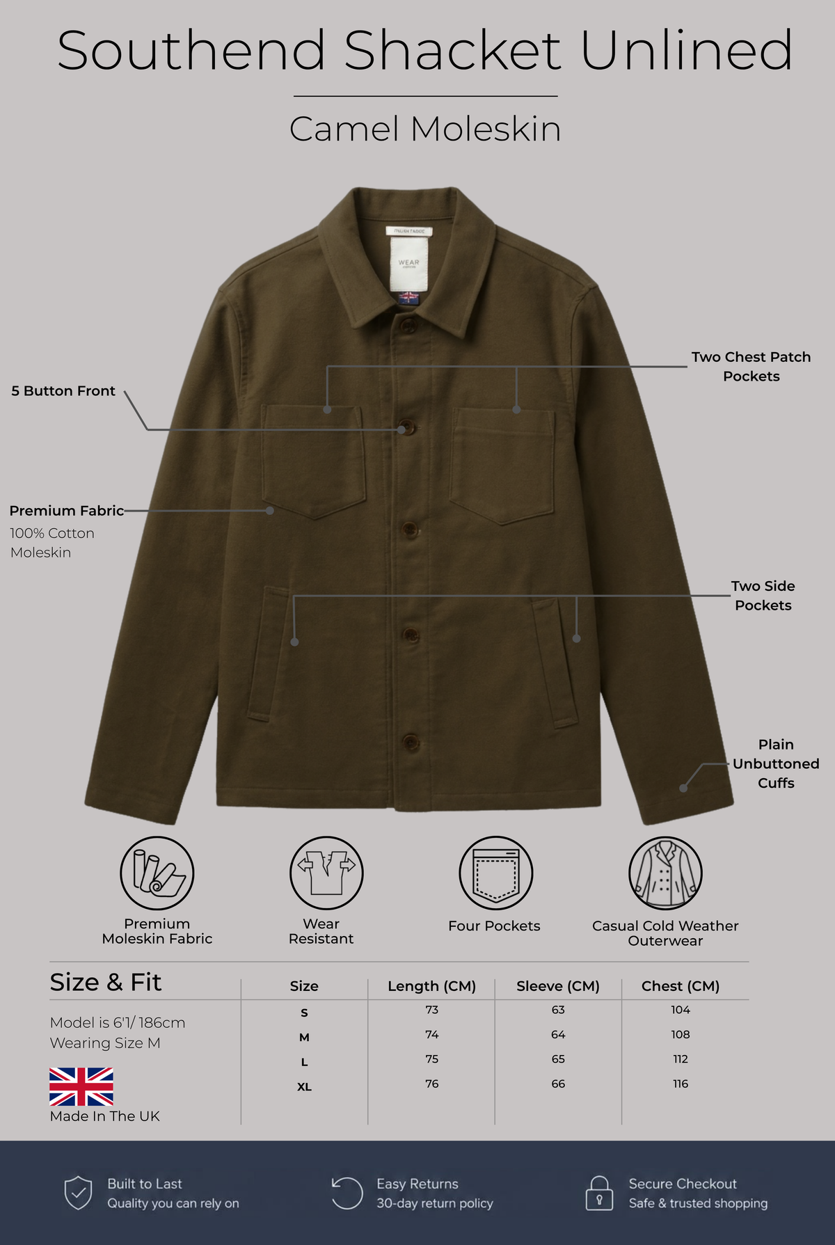 Southend Shacket Unlined - Camel Moleskin - Wear London