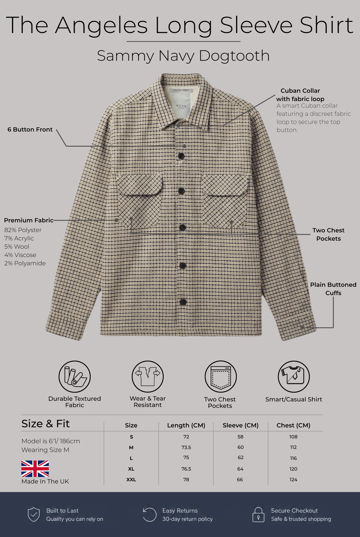 Angeles Long Sleeve Shirt - Sammy Navy Dogtooth - Wear London
