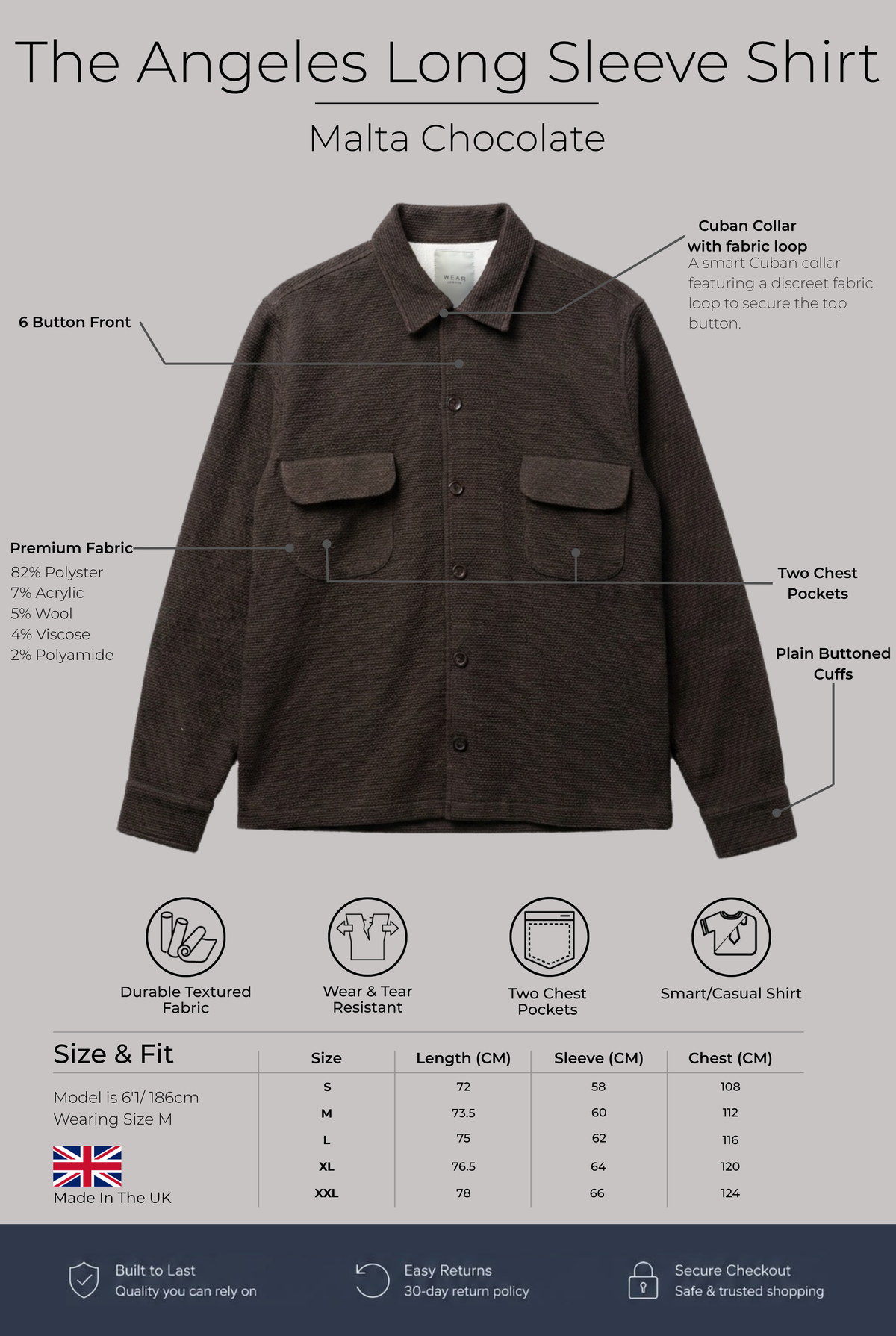 Angeles Long Sleeve Shirt - Malta Chocolate - Wear London