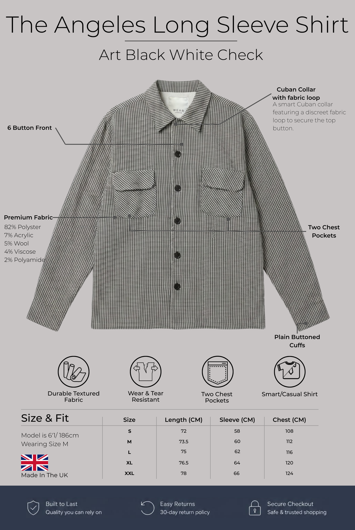Angeles Long Sleeve Shirt - Art Black White Check - Wear London