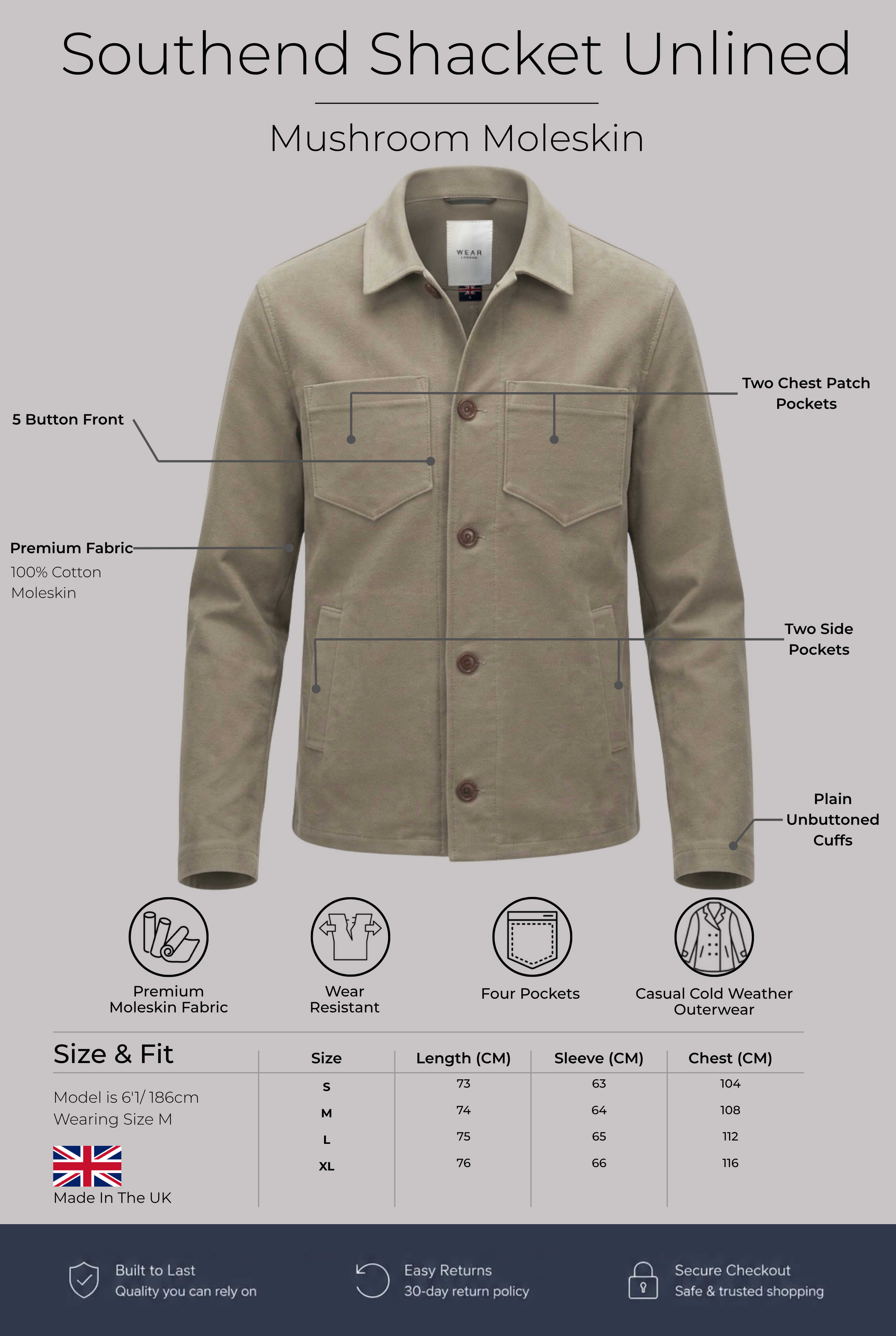 Southend Shacket Unlined - Mushroom Moleskin - Wear London