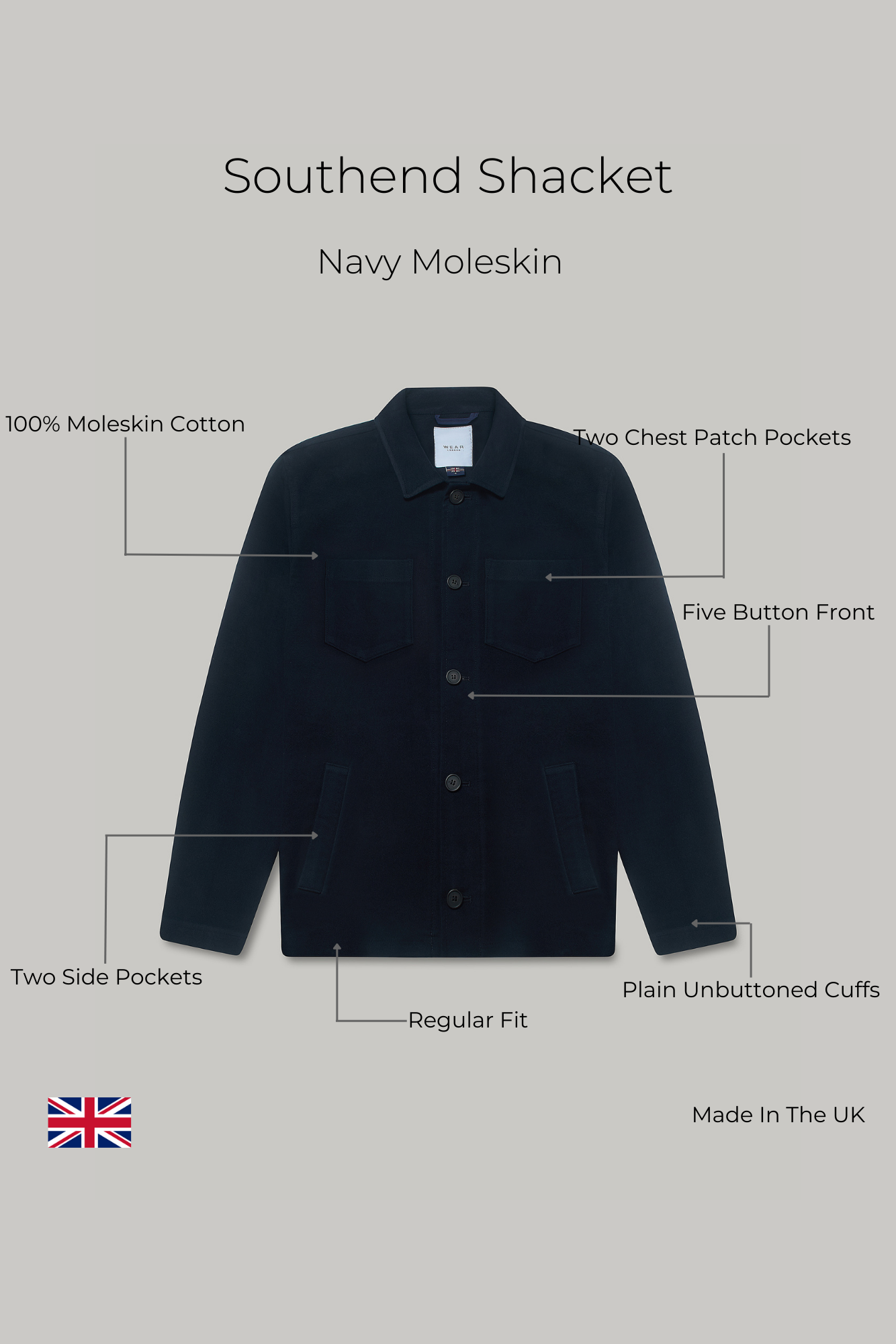 Southend Shacket Unlined - Navy Moleskin - Wear London