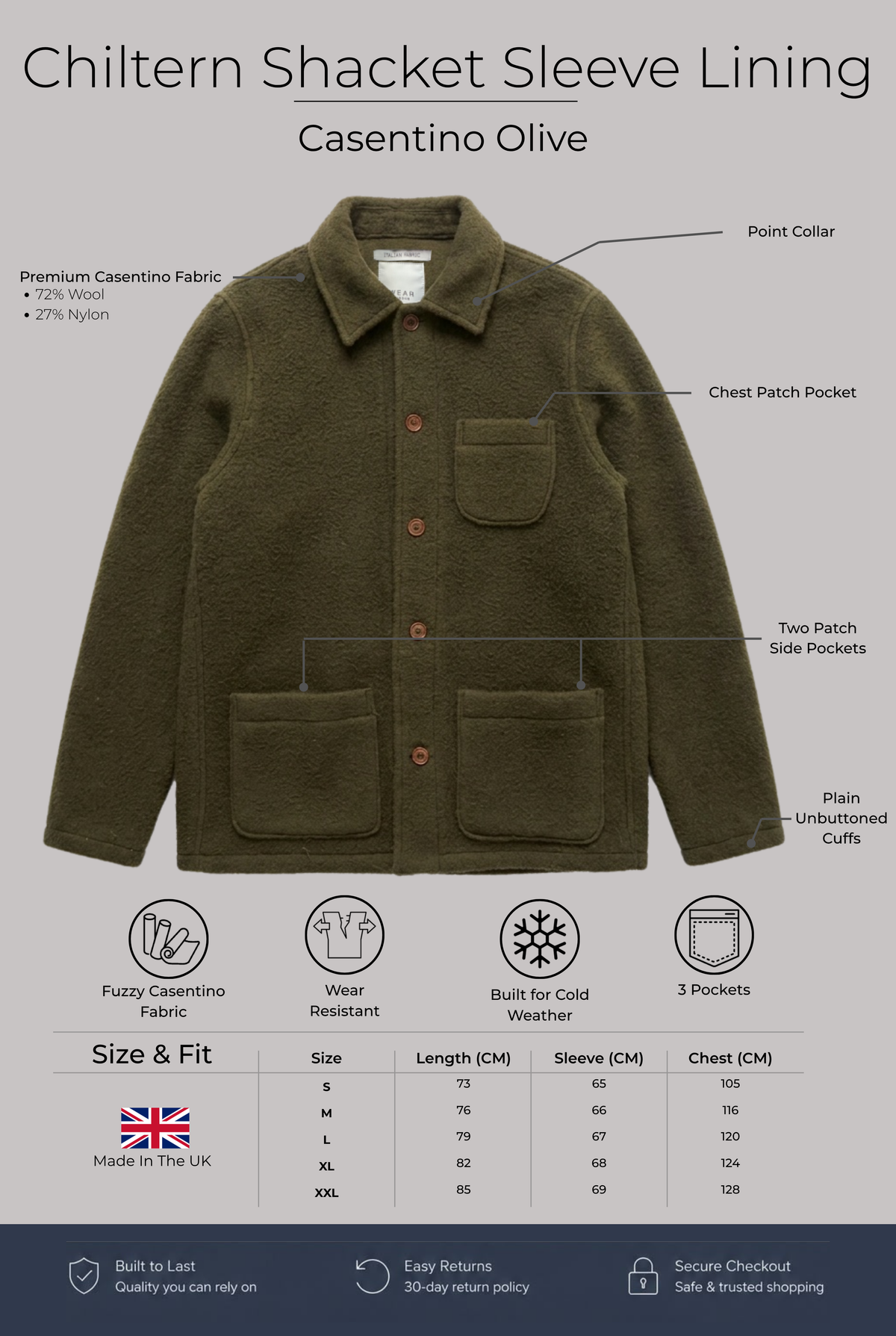 Chiltern Shacket Sleeve Lining - Casentino Olive - Wear London