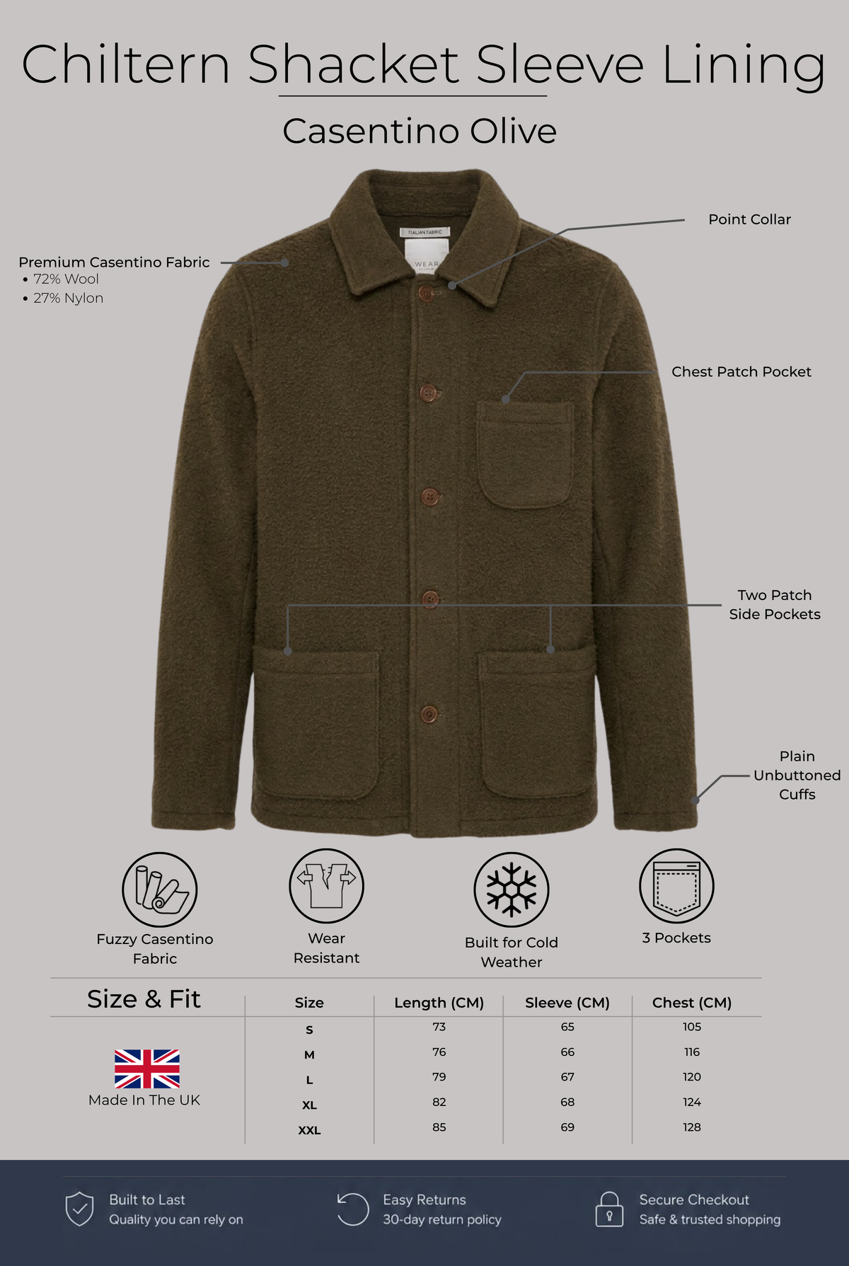 Chiltern Shacket Sleeve Lining - Casentino Olive - Wear London