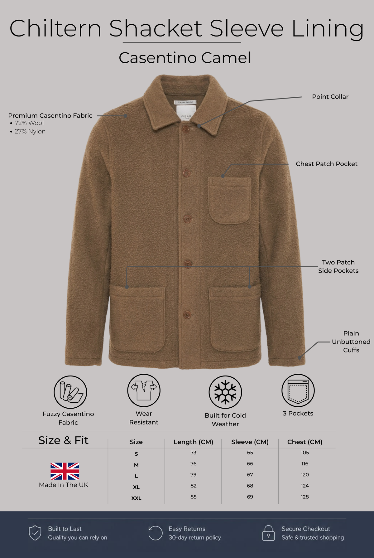Chiltern Shacket Sleeve Lining - Casentino Camel - Wear London