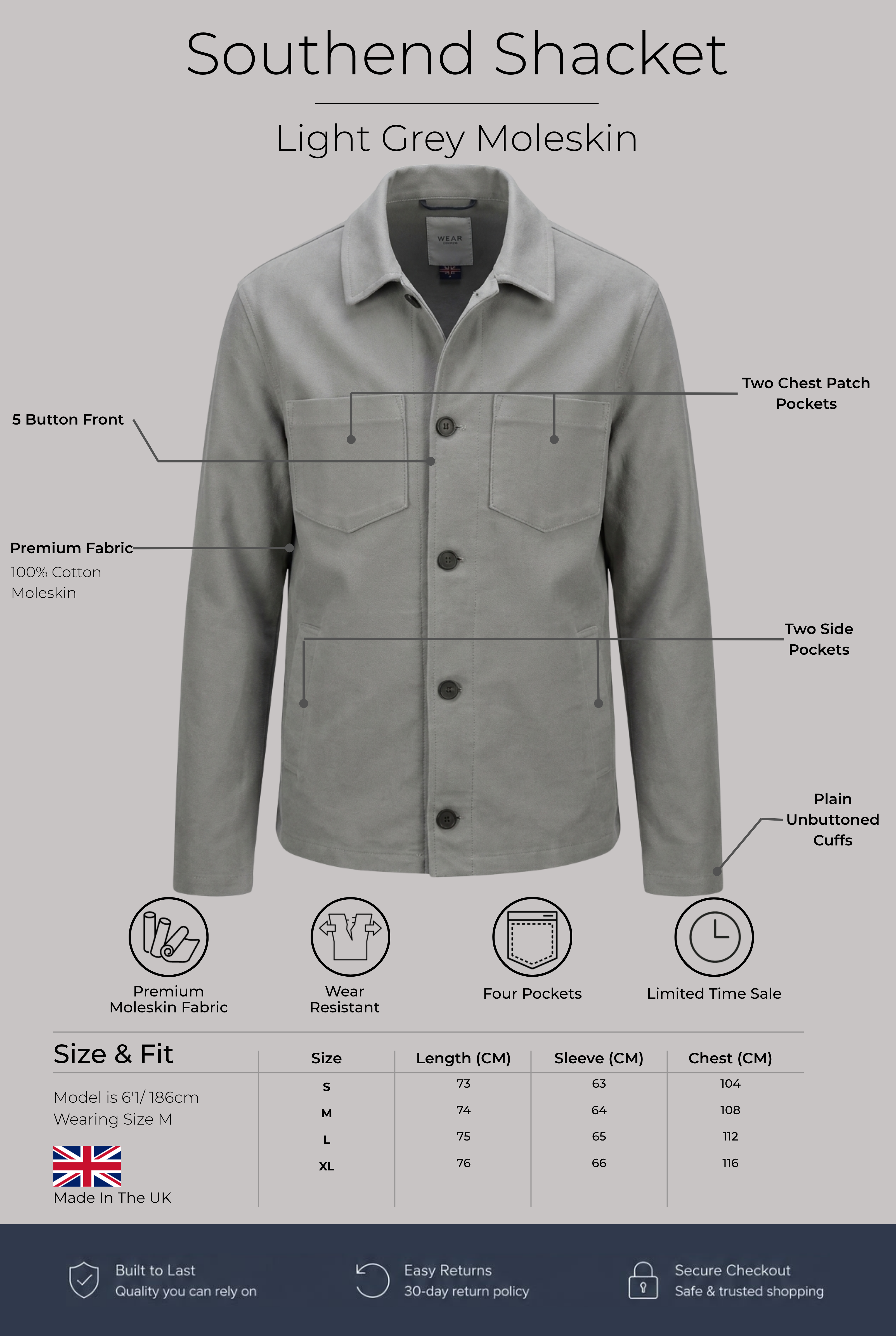 Southend Shacket - Light Grey Moleskin - Wear London