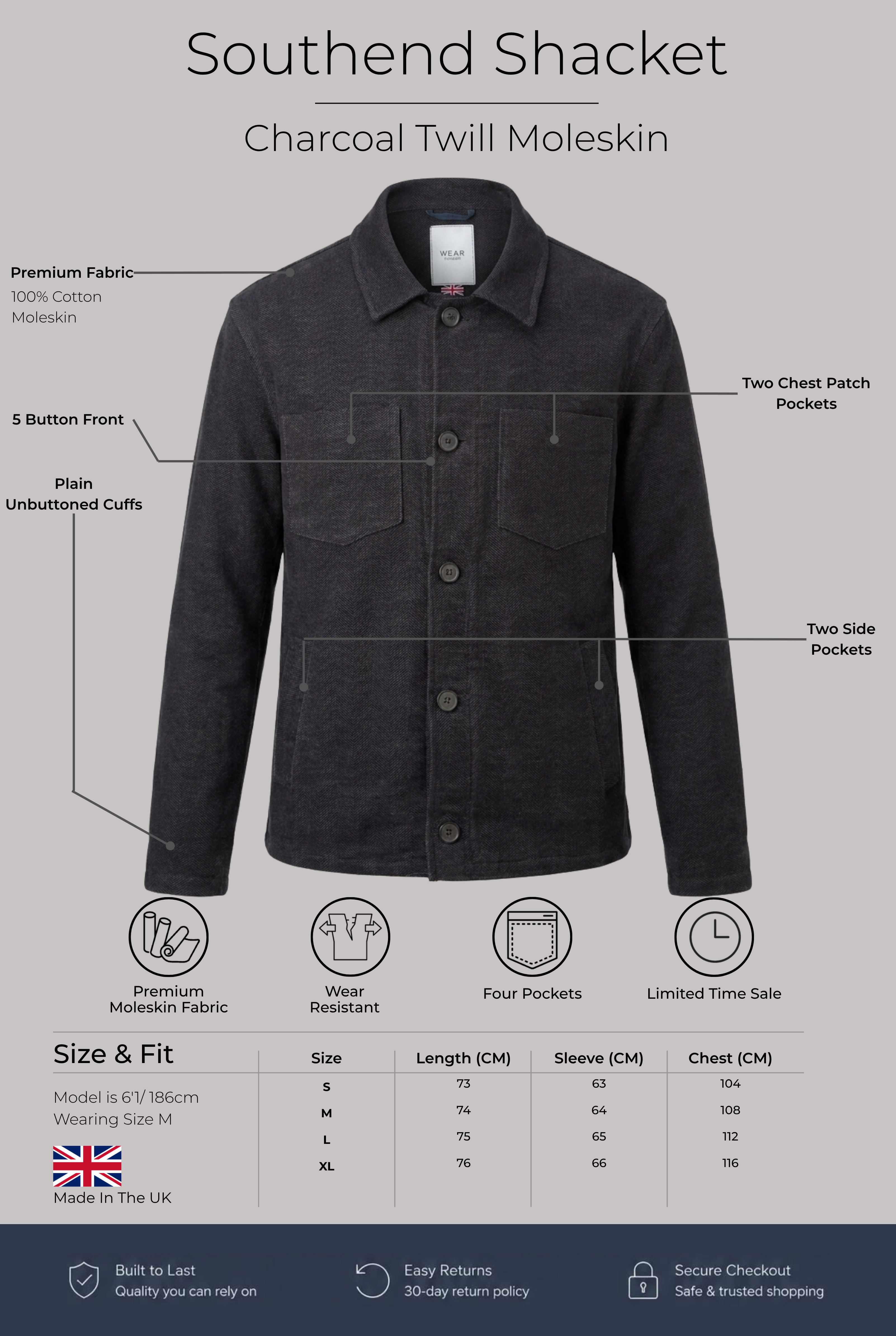 Southend Shacket - Charcoal Twill Moleskin - Wear London