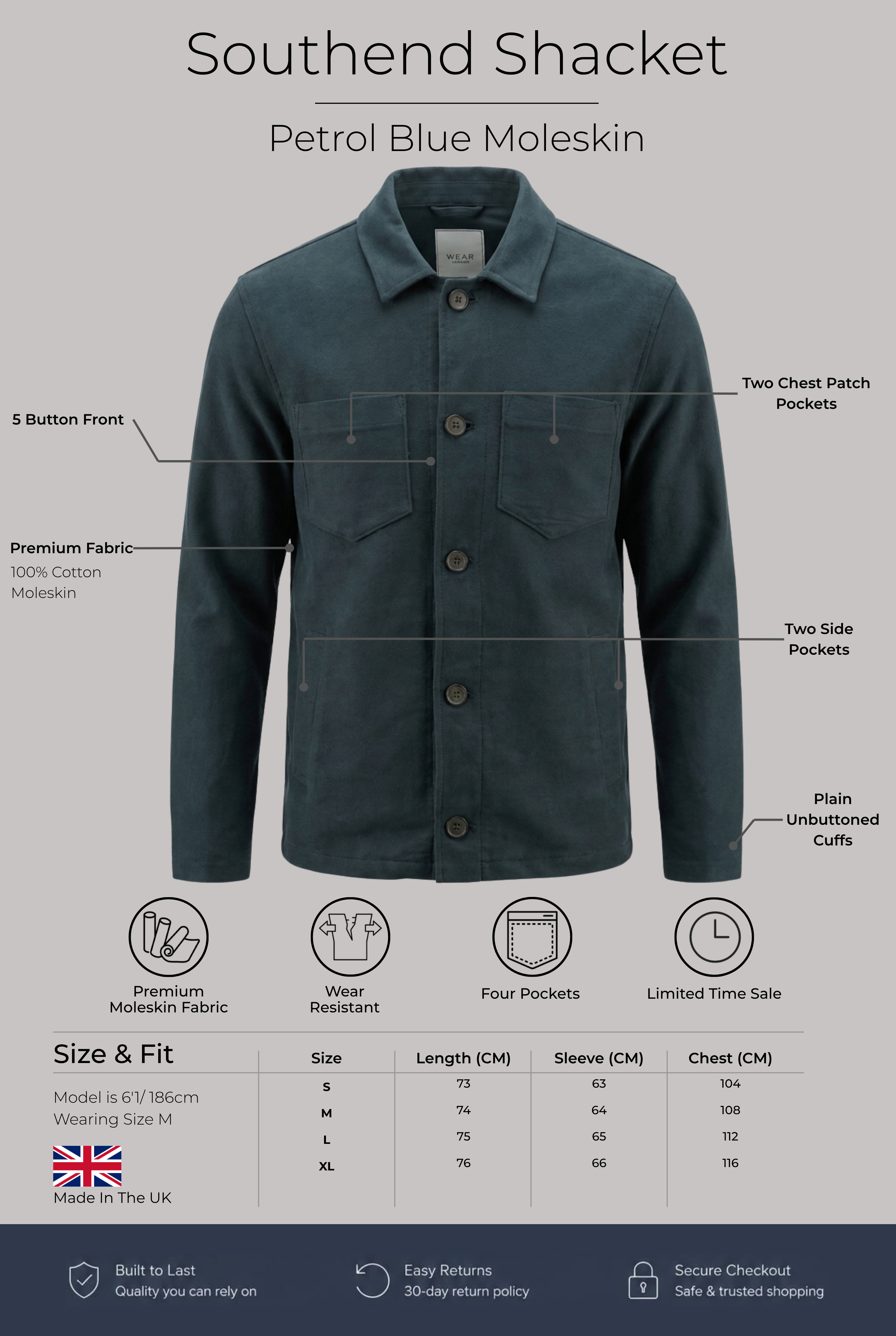 Southend Shacket - Petrol Blue Moleskin - Wear London