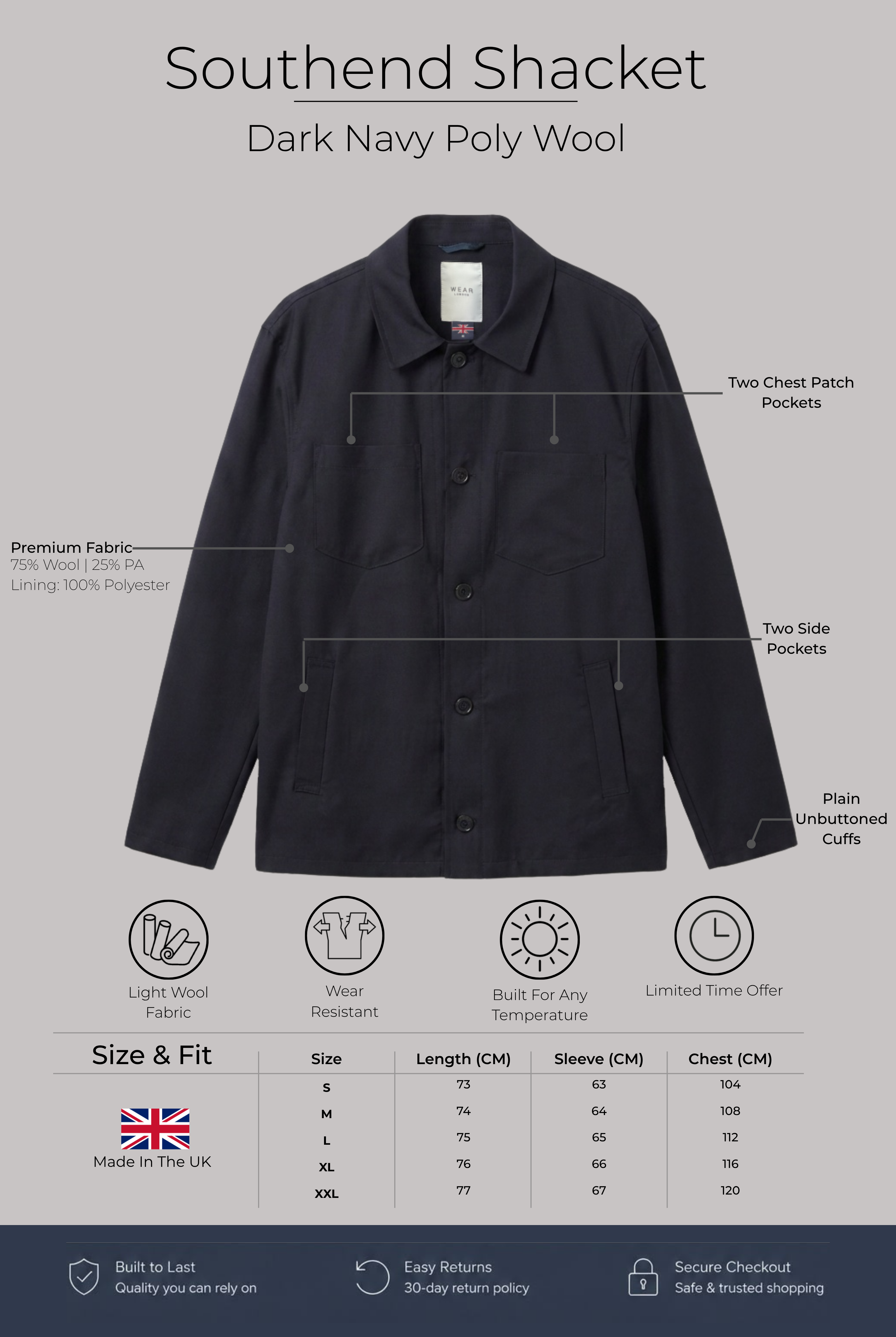 Southend Shacket - Dark Navy Poly Wool - Wear London